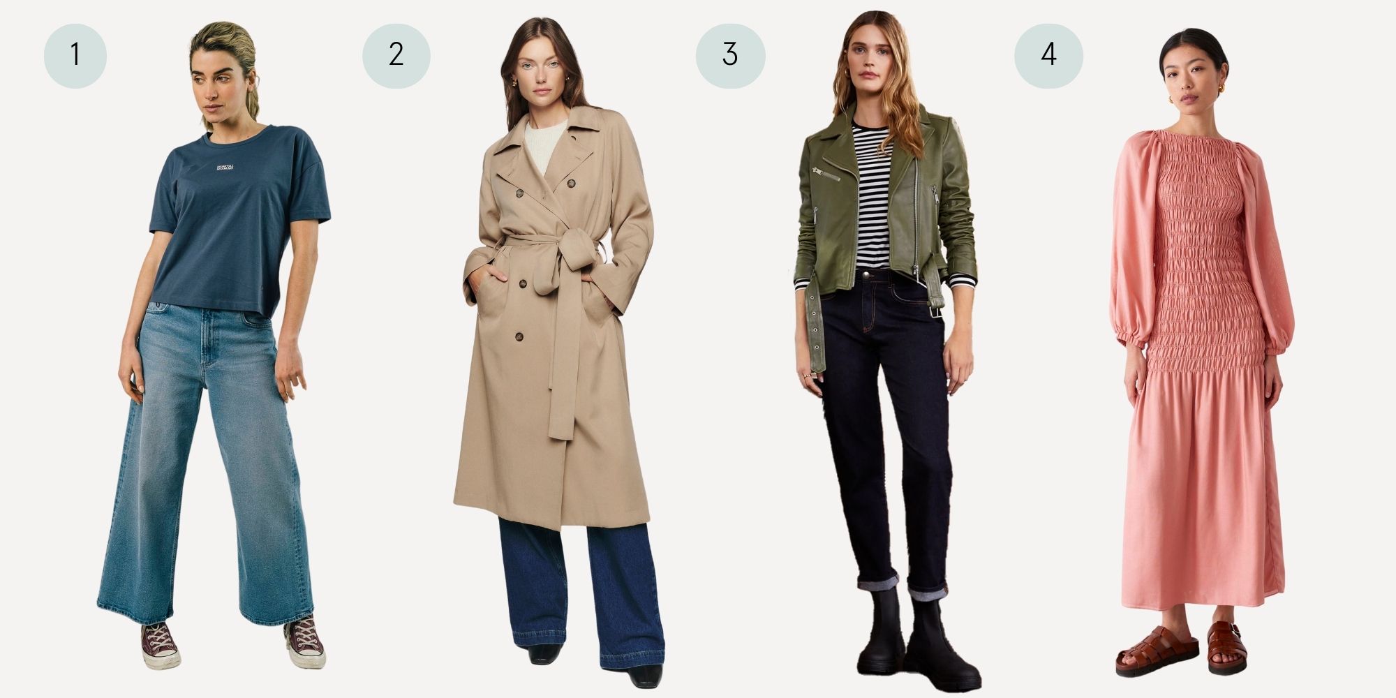 Four outfits representing the casual, English, punk, and romantic styles from responsible brands.
