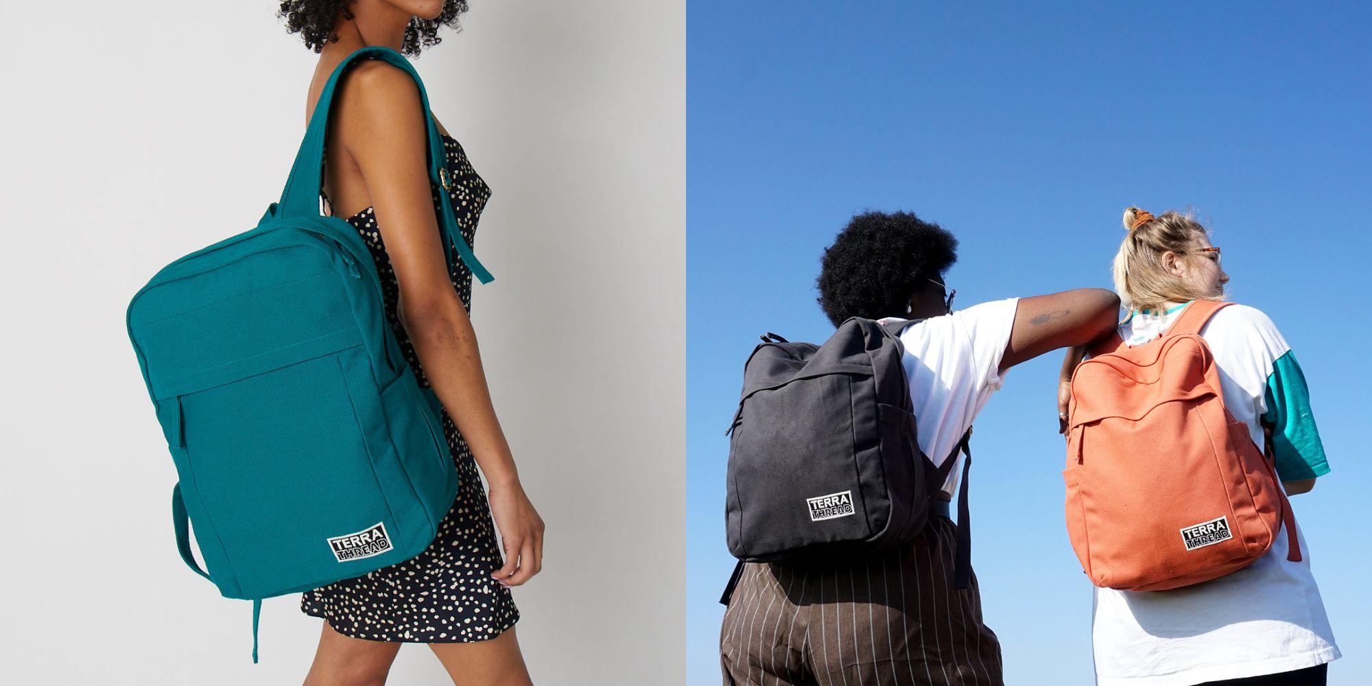 A teal organic cotton backpack made responsibly by Terra Thread.