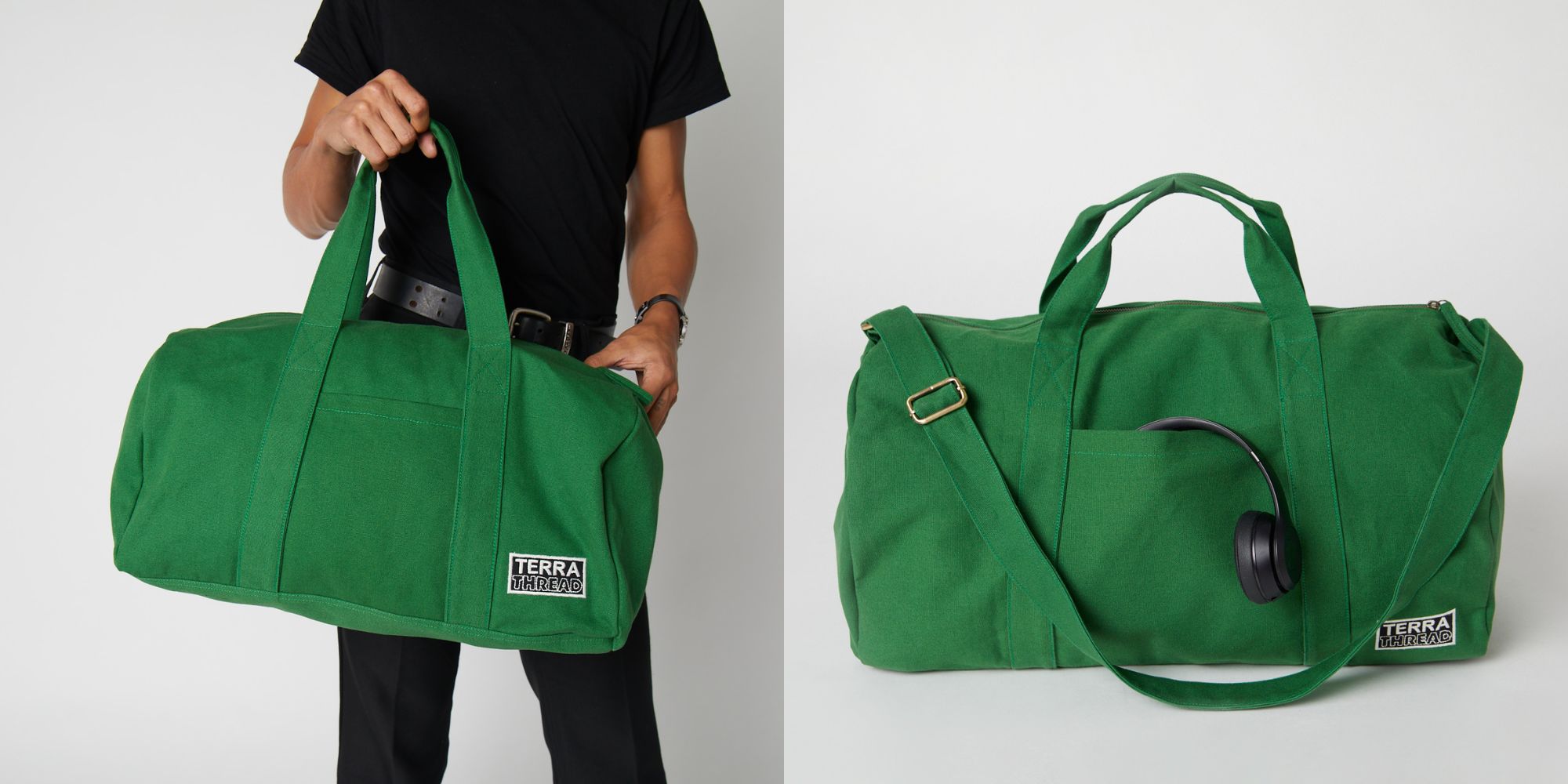 A bright green organic cotton duffel bag made by Terra Thread.