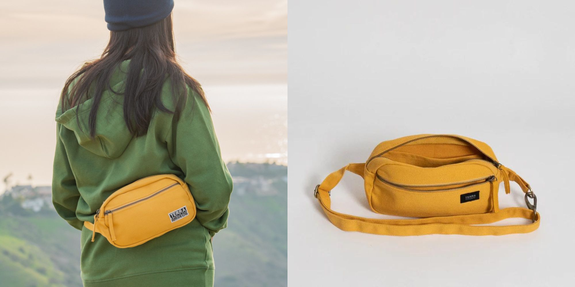 A bright yellow organic cotton fanny pack or bum bag made by Terra Thread.