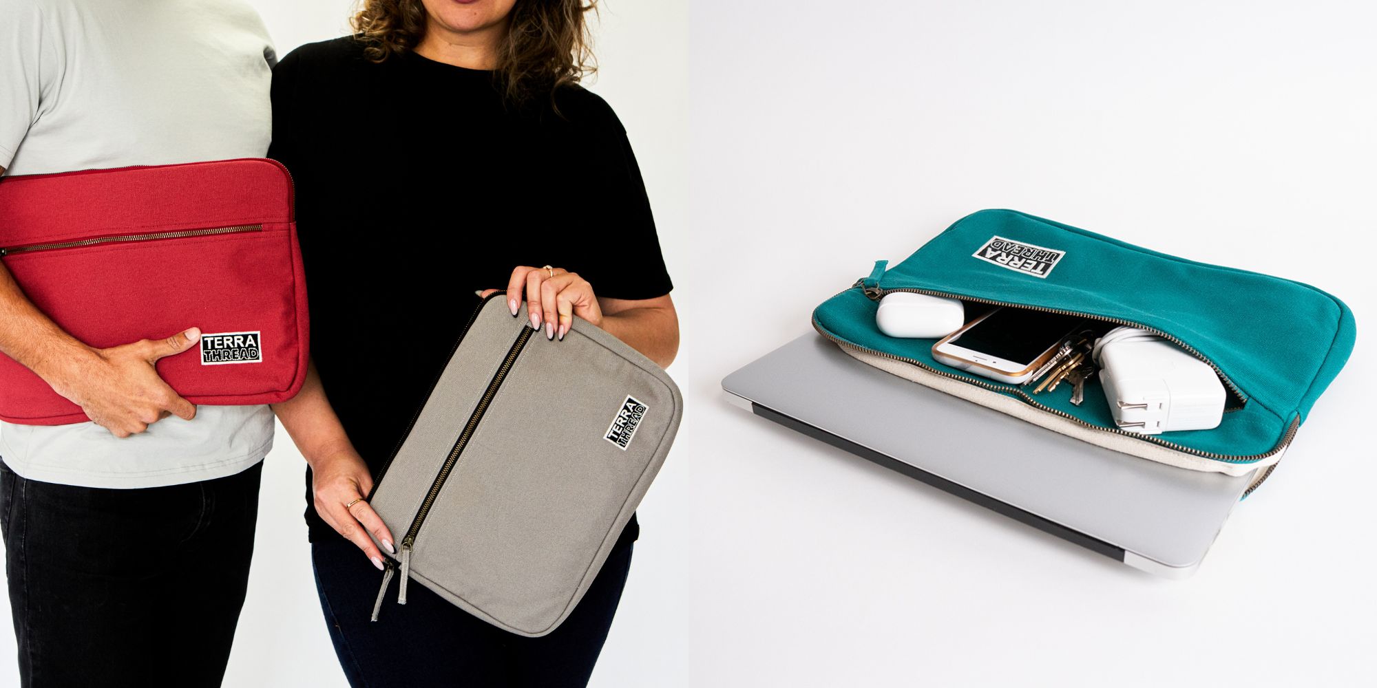 A red, a grey, and a teal organic cotton laptop sleeve by Terra Thread.