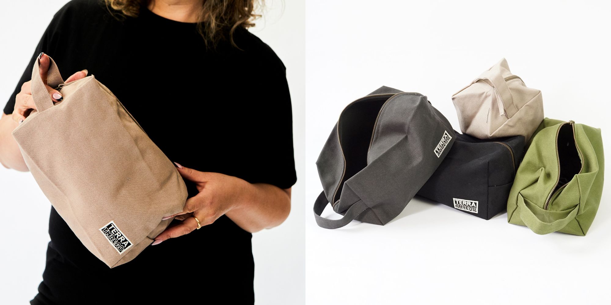 A selection of different coloured organic cotton toiletry bags by Terra Thread.