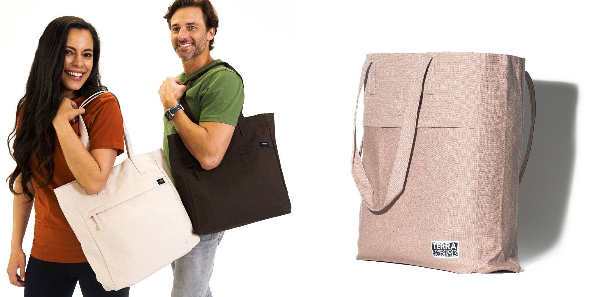 A beige, a black, and a light pink work tote bag made from organic cotton by Terra Thread.