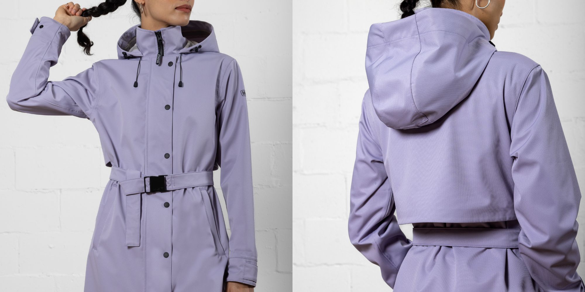 A lilac waterproof vegan Riverside trench jacket made from recycled plastic by Wuxly.