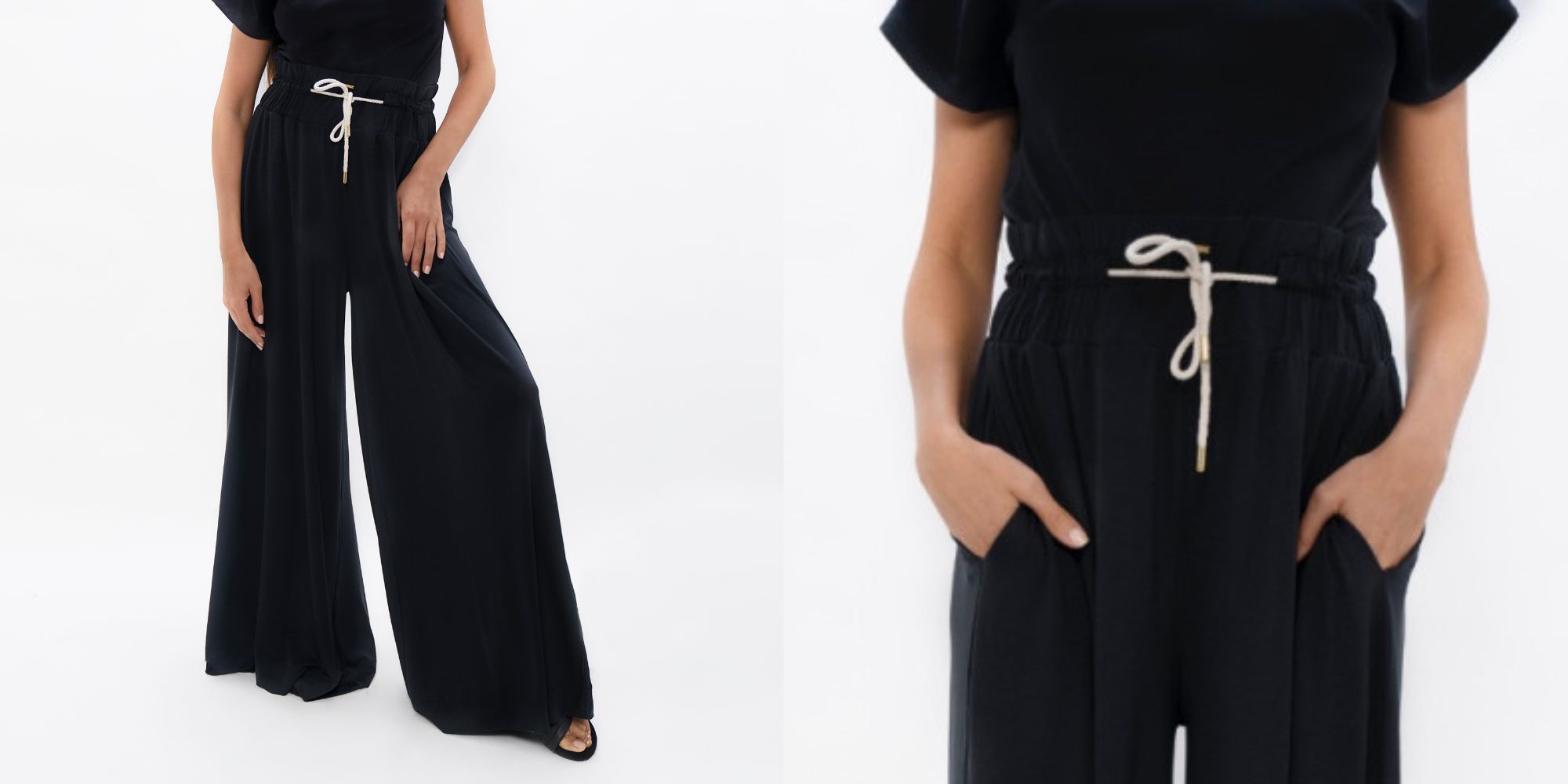 Black PYRATEX® loose-fitting palazzo trousers by 1 People.
