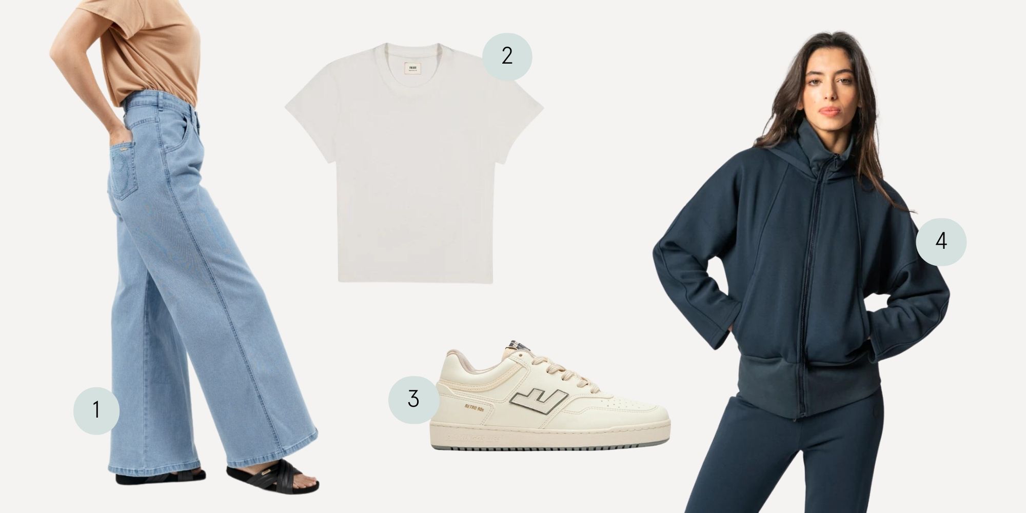 A moodboard of more sustainable warm weather basics featuring wide leg jeans by 1 People, a white tee by FM 669, retro sneakers by Flamingos' Life, and a navy blue hoodie by Organique.
