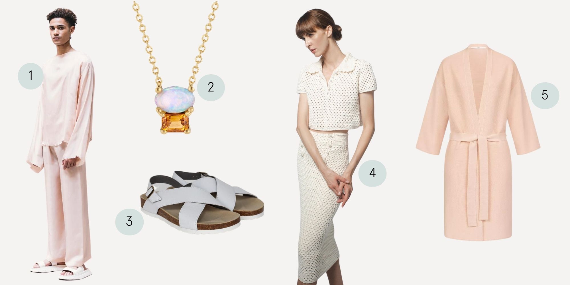 A moodboard of more sustainable warm weather light and bright clothes featuring a pink full body outfit by ZEROBARRACENTO, an opal necklace by Bario Neal, white apple leather sandals by Good Guys, a white crocheted top and skirt by Santicler, and a pink long cardigan by LANIUS.