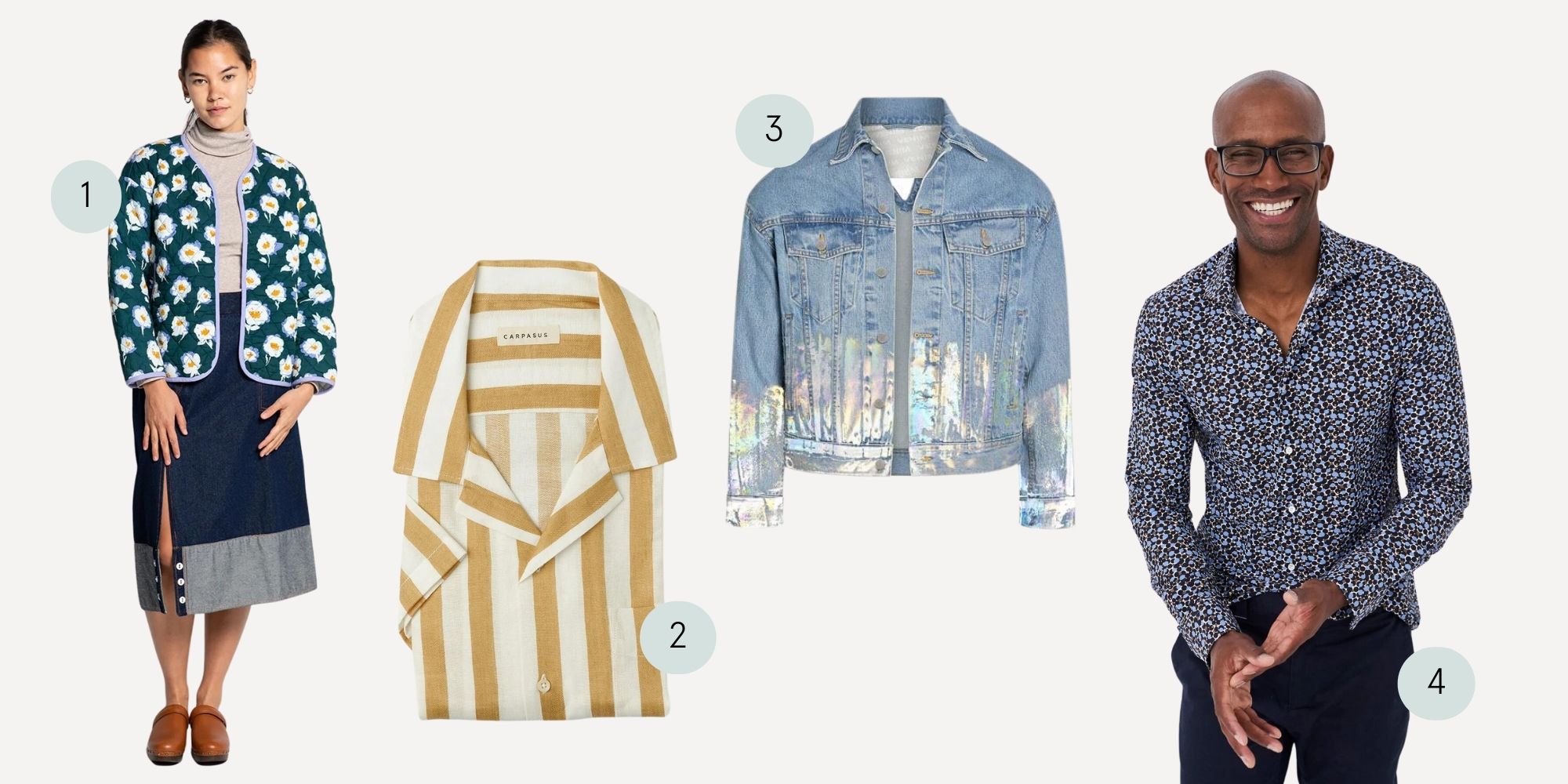 A moodboard of more sustainable warm weather print clothes featuring a floral overcoat by HarperSage, a white and ochre striped short sleeve shirt by CARPASUS, a holographic print light denim jacket by VENIM, and a bold printed button up by Neem.