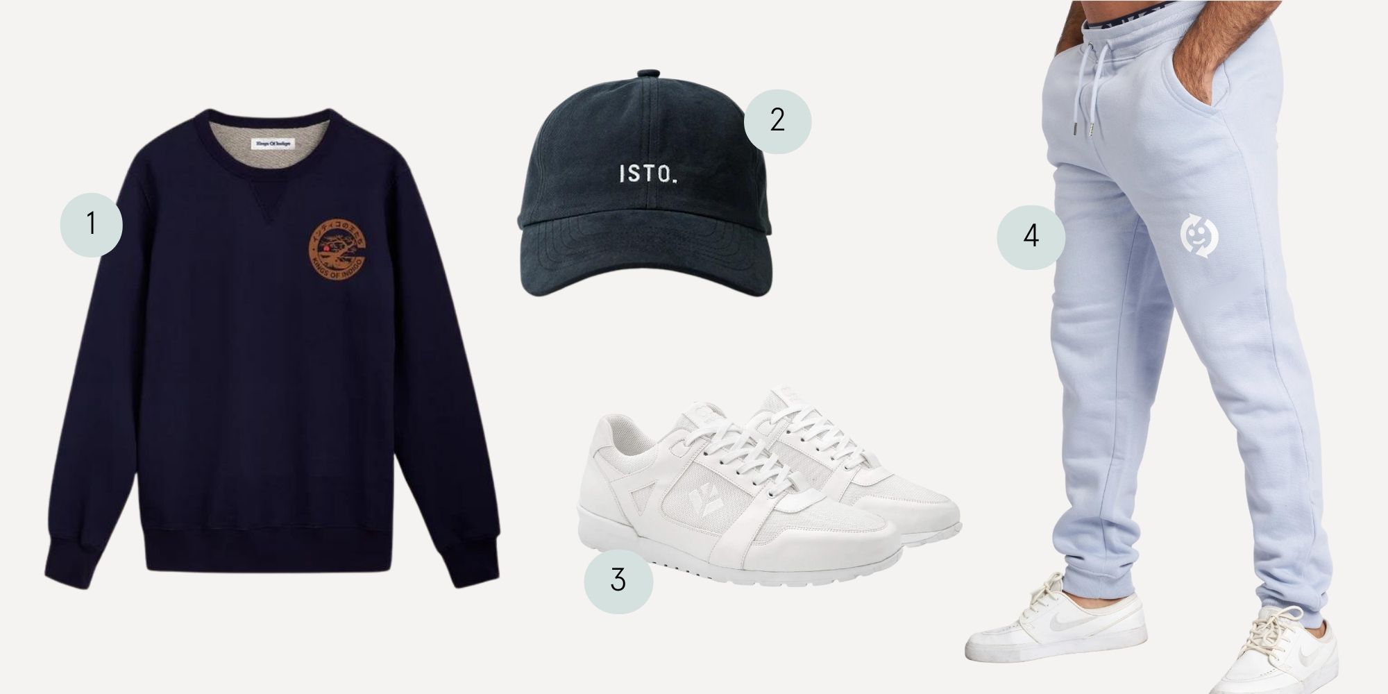 A moodboard of more sustainable warm weather streetwear featuring a navy sweater by Kings of Indigo, an organic cotton dark grey cap by ISTO., white vegan sneakers by COG, and light blue joggers by REER3.