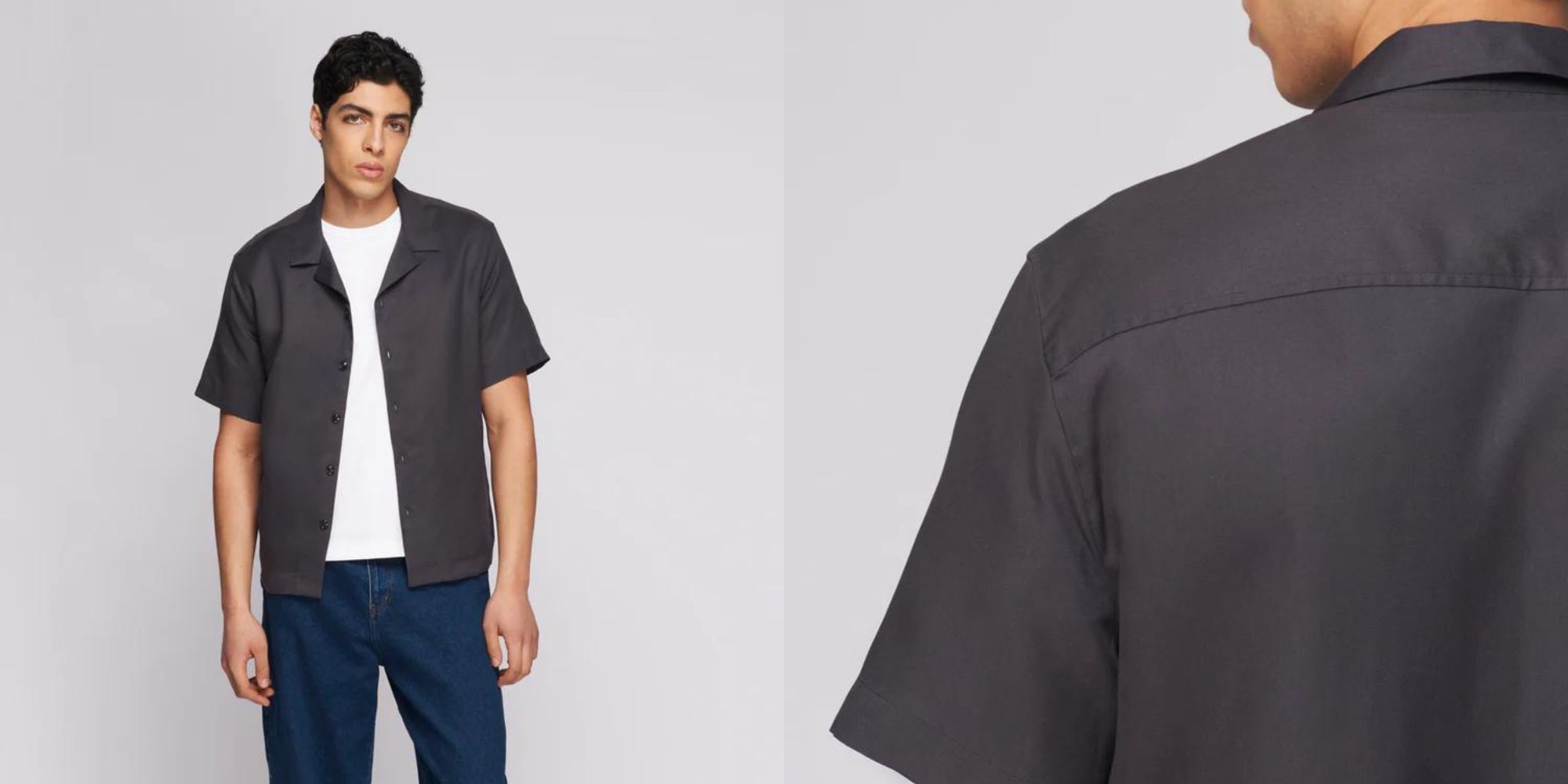 A menswear camp button-up dark grey shirt by Kotn.