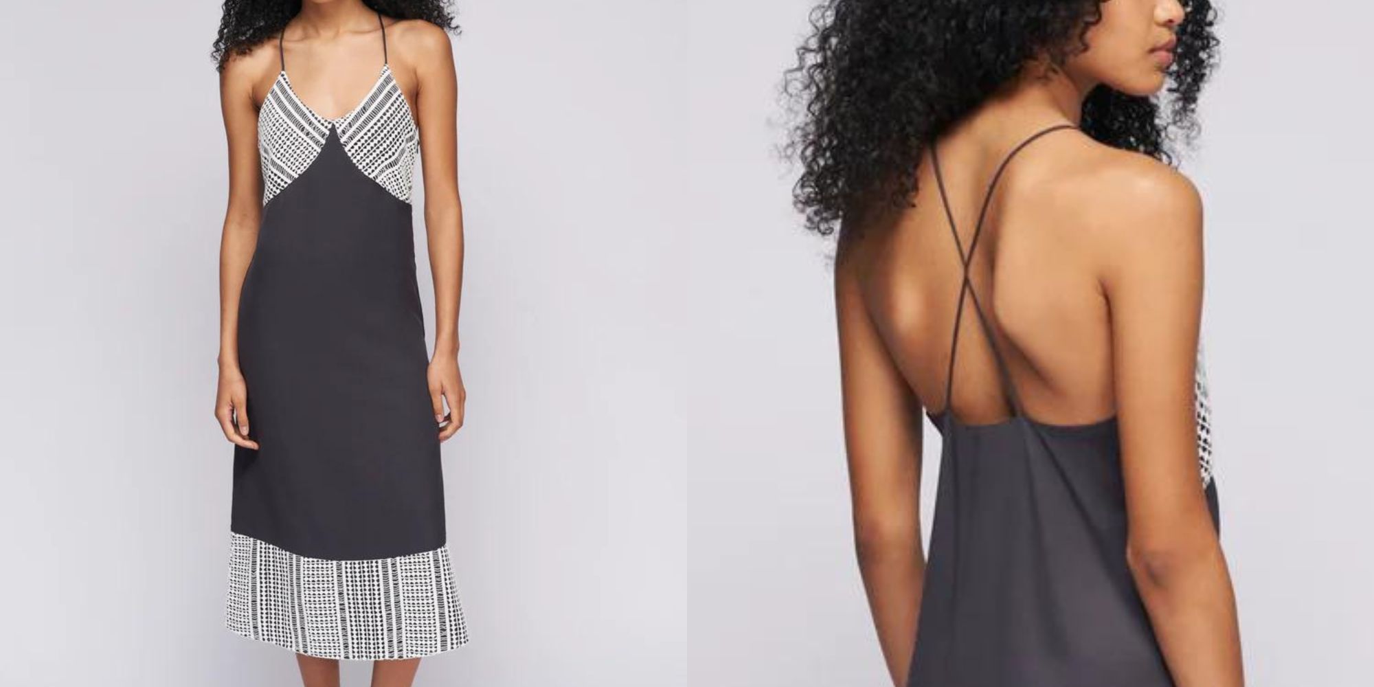 A black slip dress with white crochet detailing on the bust and hem, made by Kotn.