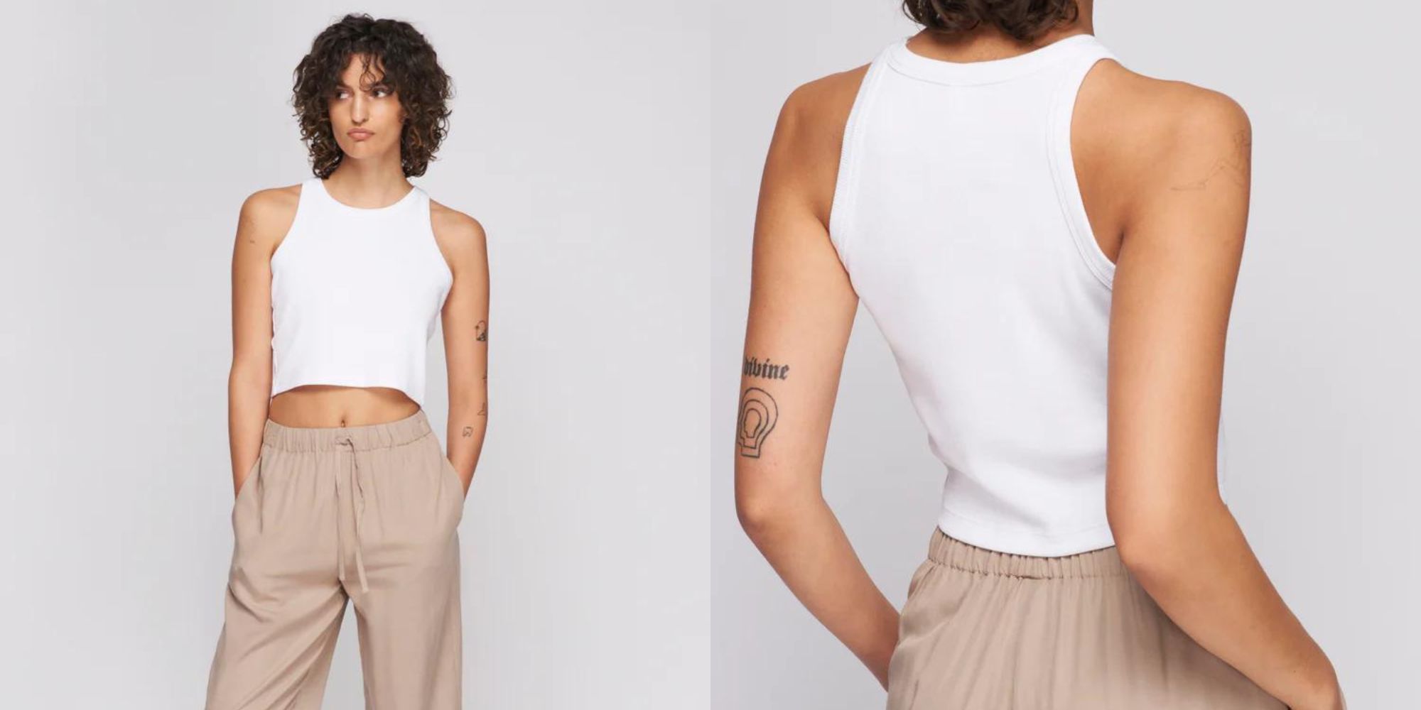A white cropped summer tank top responsible-made by Kotn.