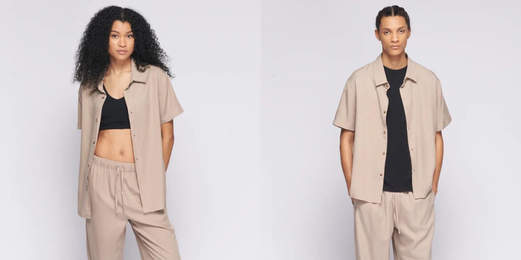 A unisex flowy light brown button up t-shirt by Kotn.