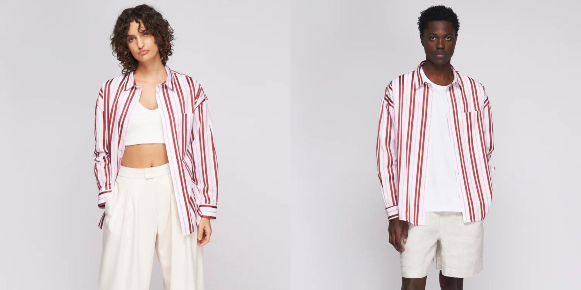 A unisex white and red striped poplin button up shirt by Kotn.
