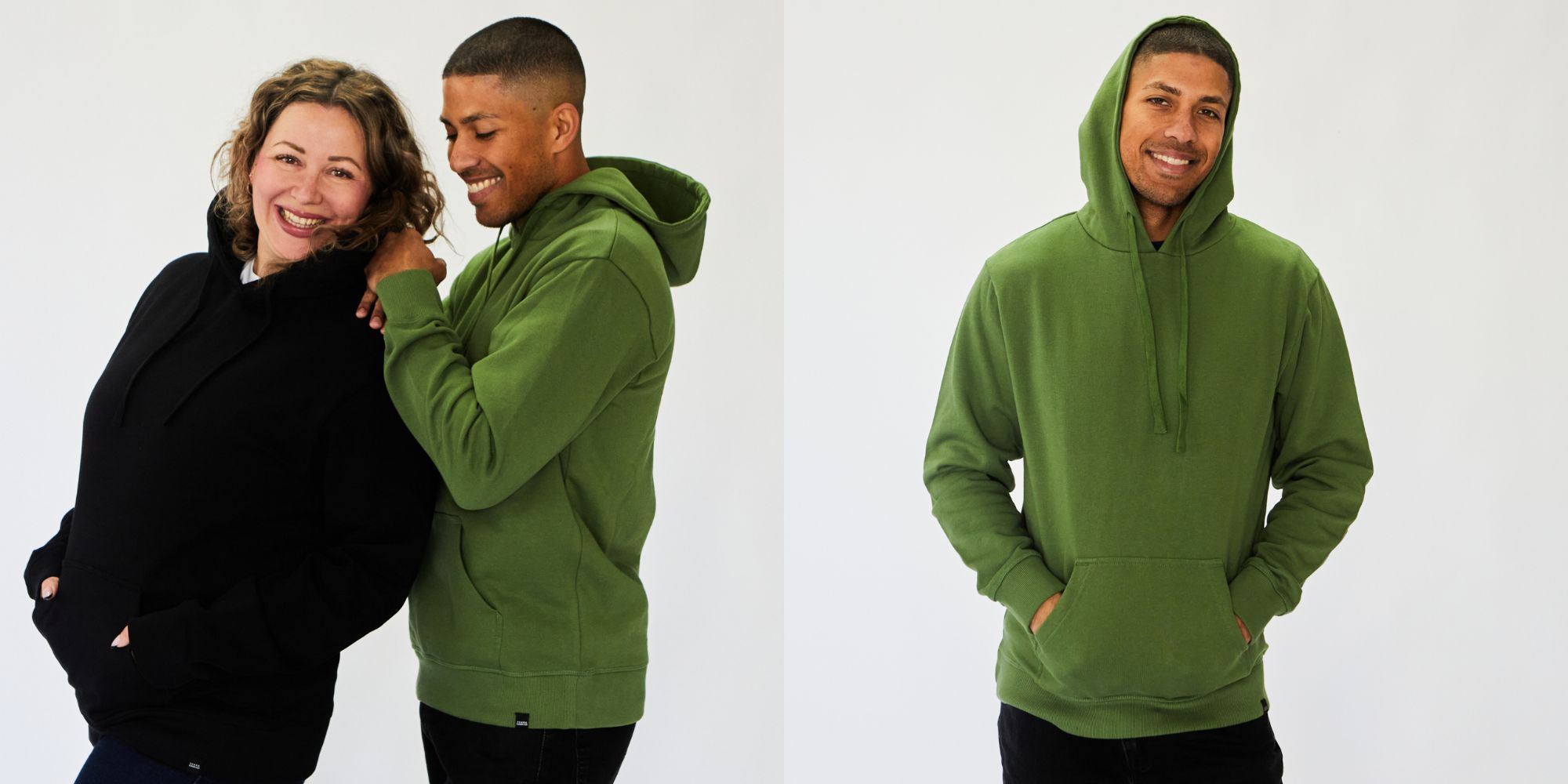 A green and a black organic cotton pull-on hoodie by Terra Thread.
