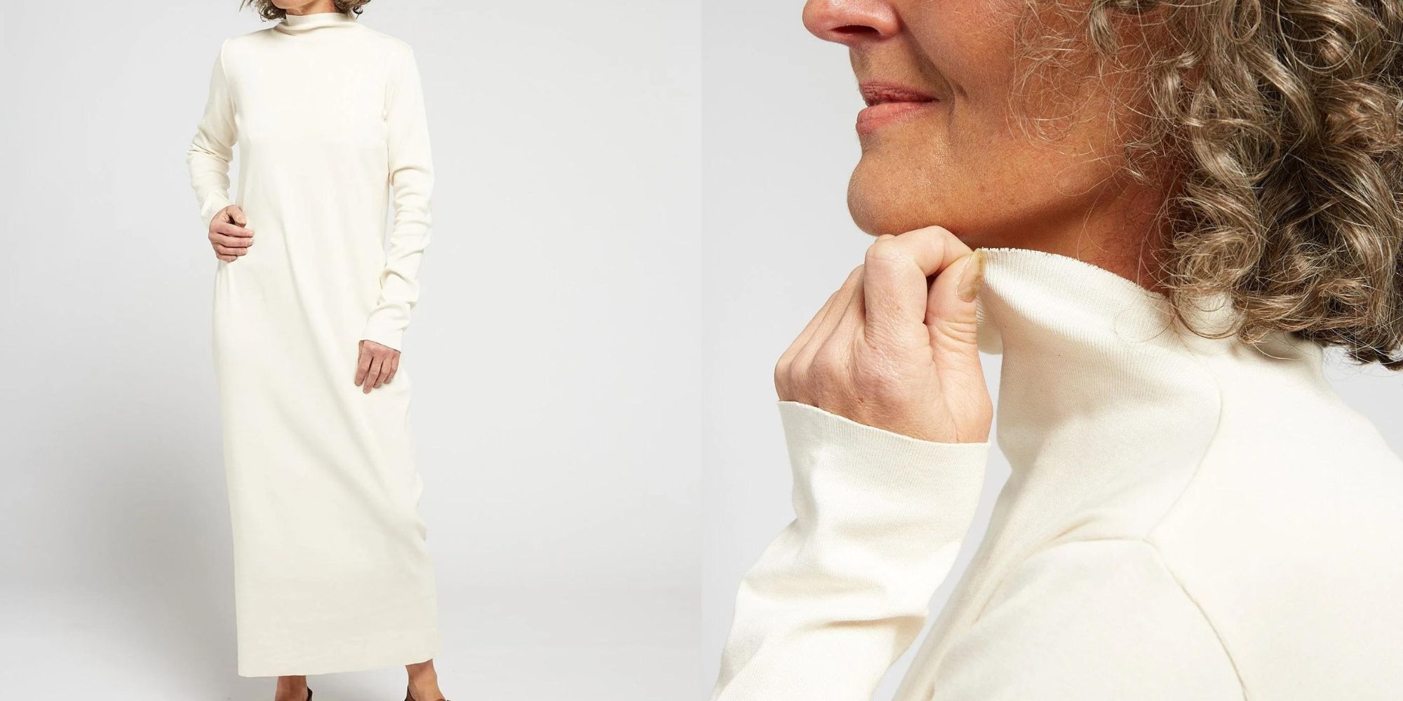 A cream skivvy long-sleeve dress by A.BCH for a non-traditional wedding look.