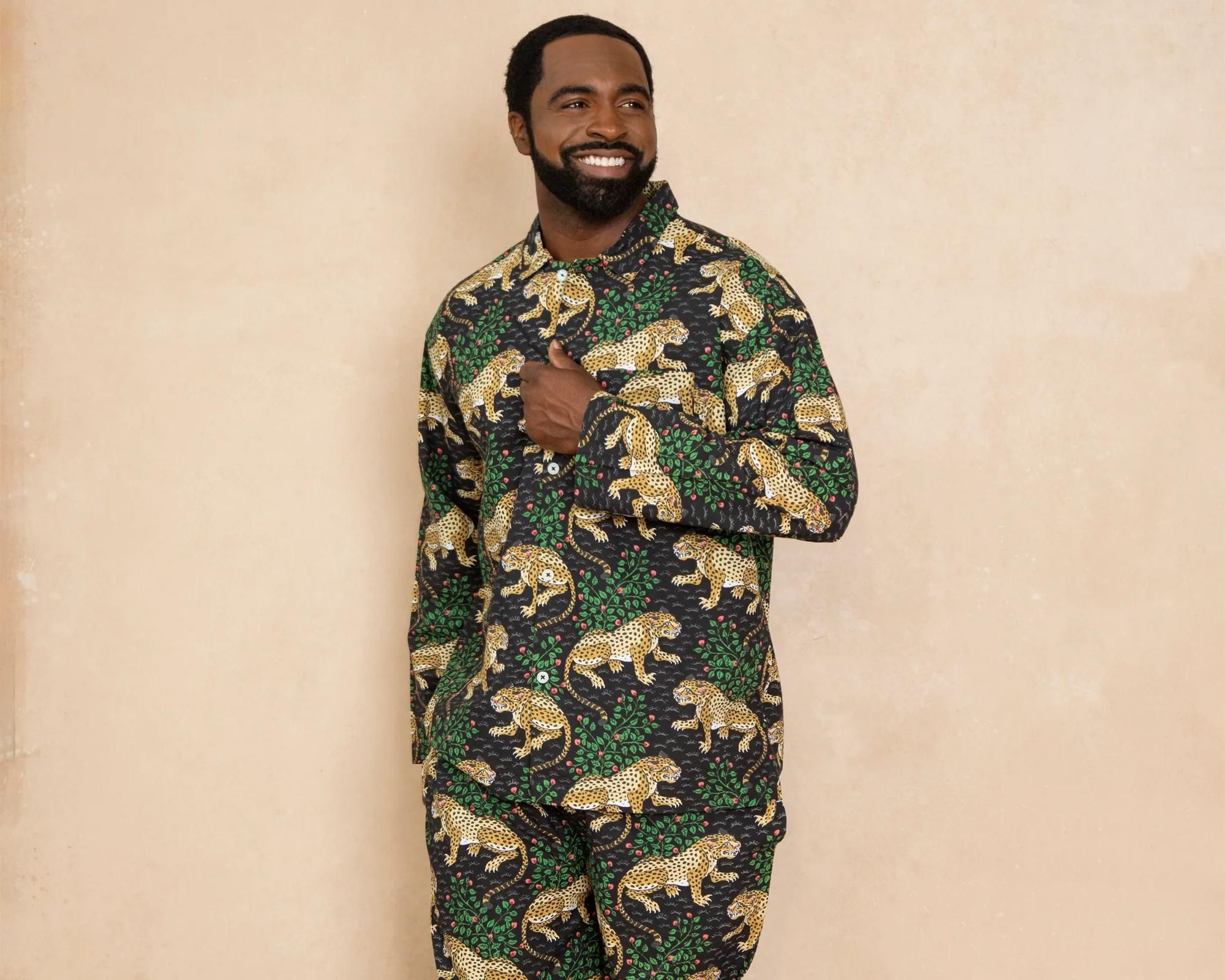 A colourful green, black, and yellow leopard print long more sustainable men's pyjama set by Printfresh.