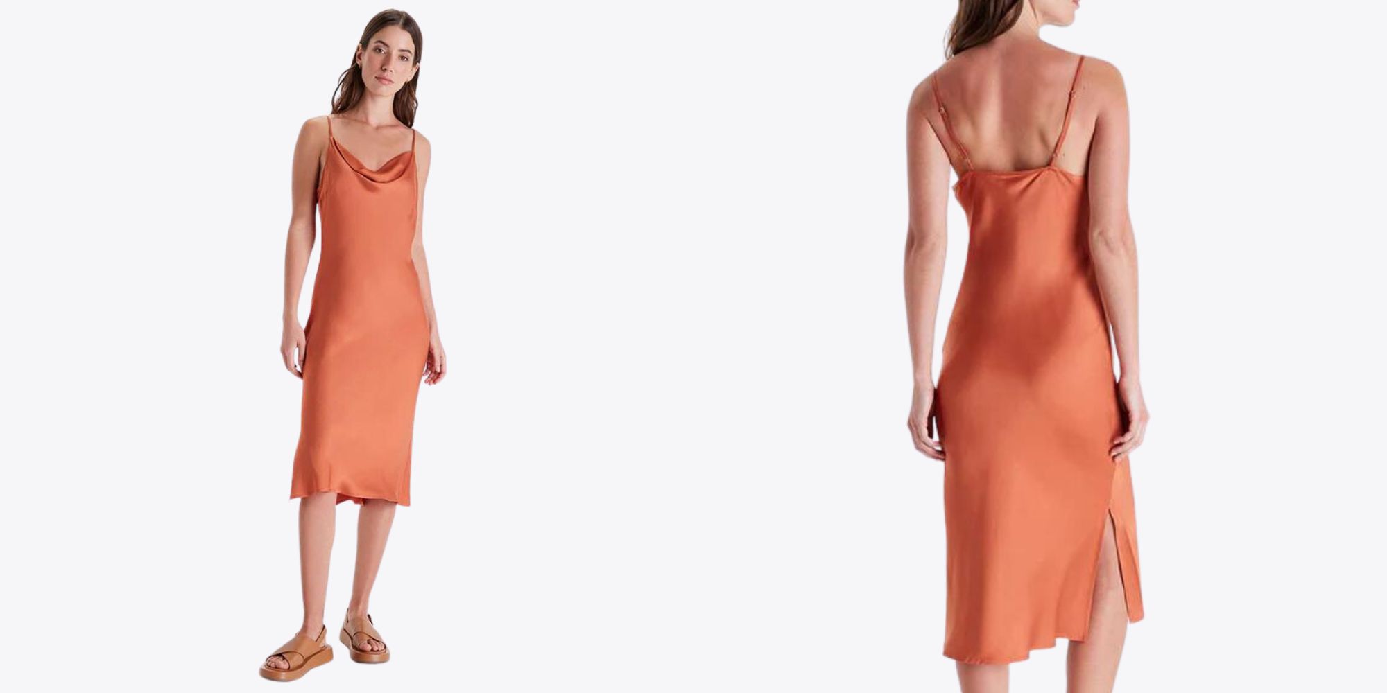 An apricot coloured cowl neck TENCEL dress by Neu Nomads for its SS23 rainbow collection.
