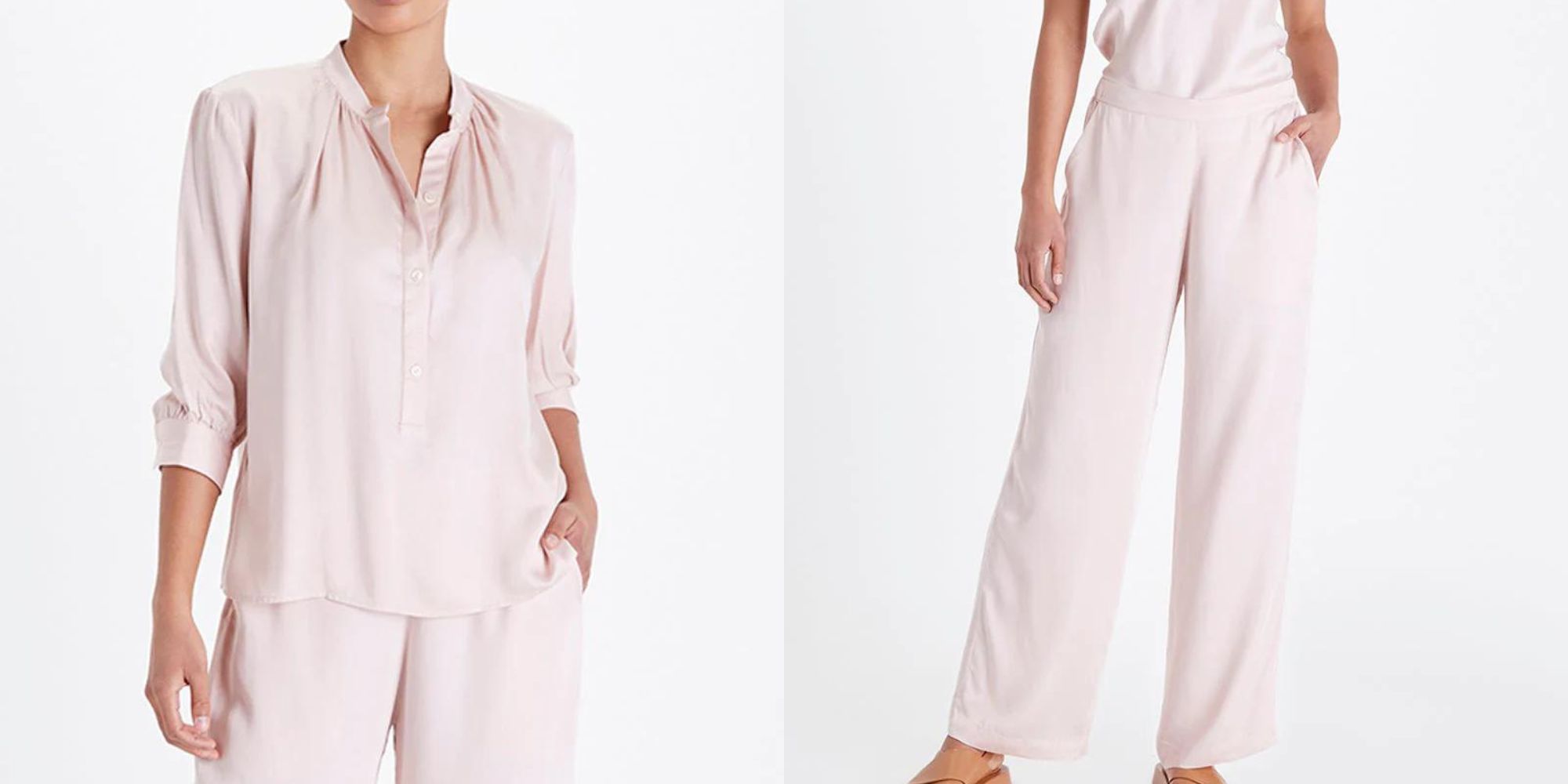 A pale blush silky button up top and long palazzo pants set by Neu Nomads.