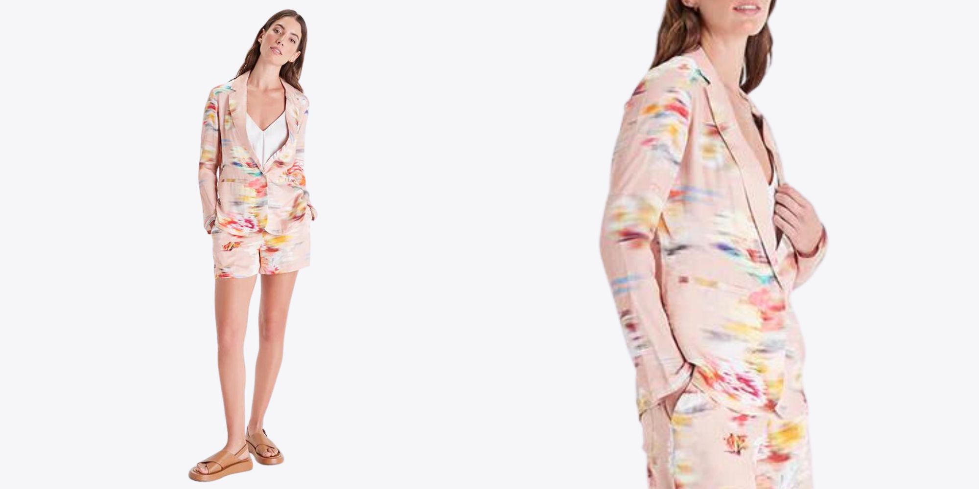 A blurred flower print jacket and shorts set by Neu Nomads for its SS23 rainbow collection.