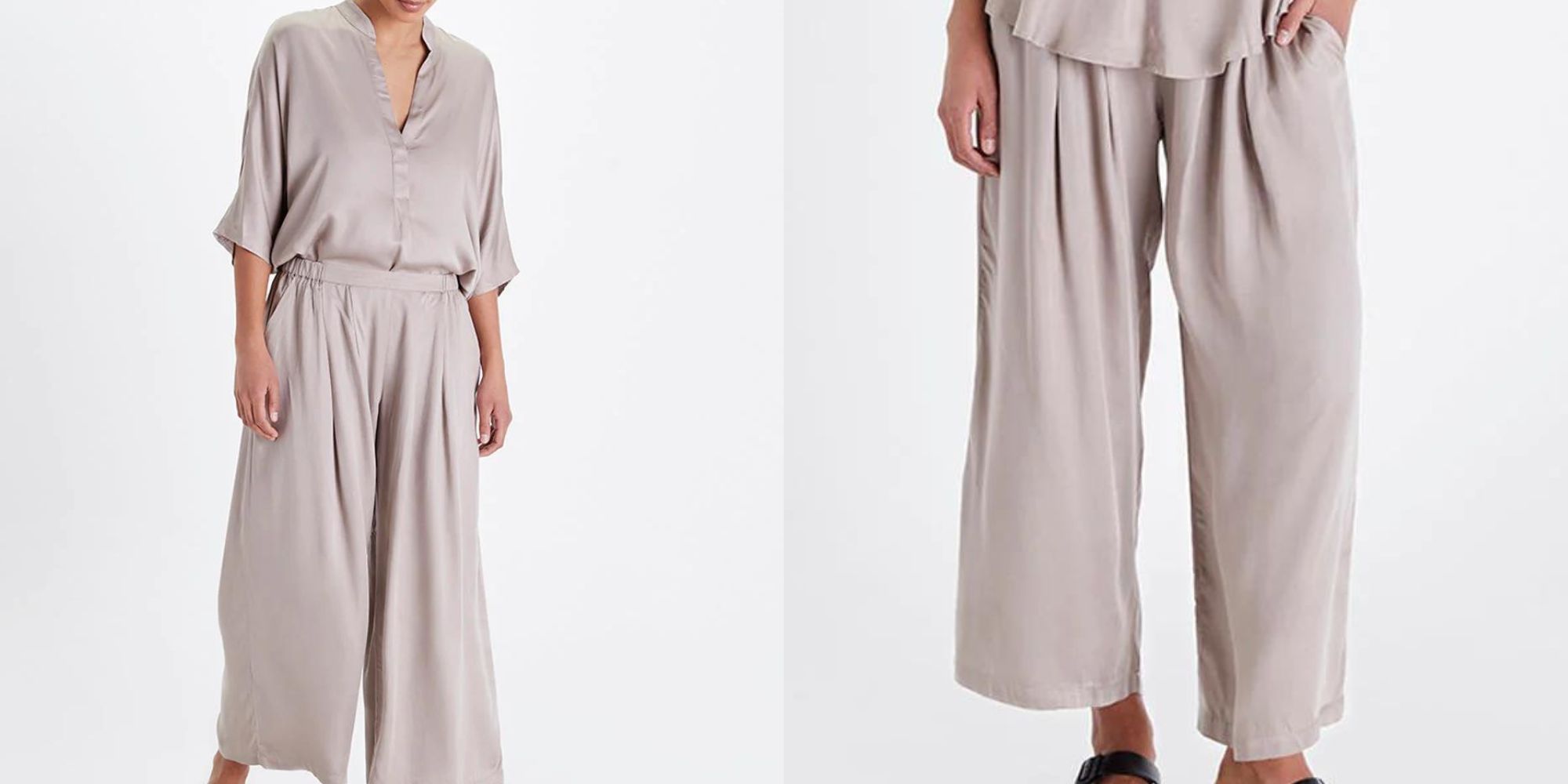 A light brown silky TENCEL blouse and palazzo pants set by Neu Nomads.