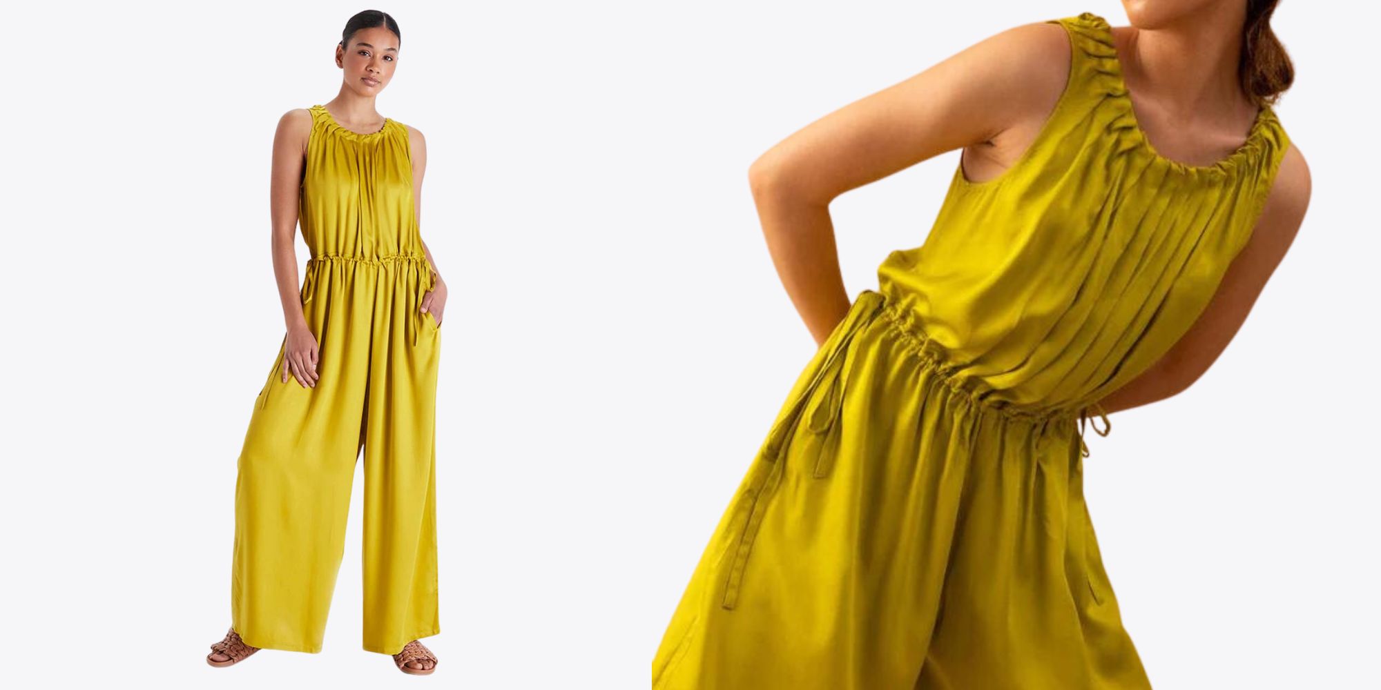 A mustard yellow ruched TENCEL jumpsuit by Neu Nomads for its SS23 rainbow collection.