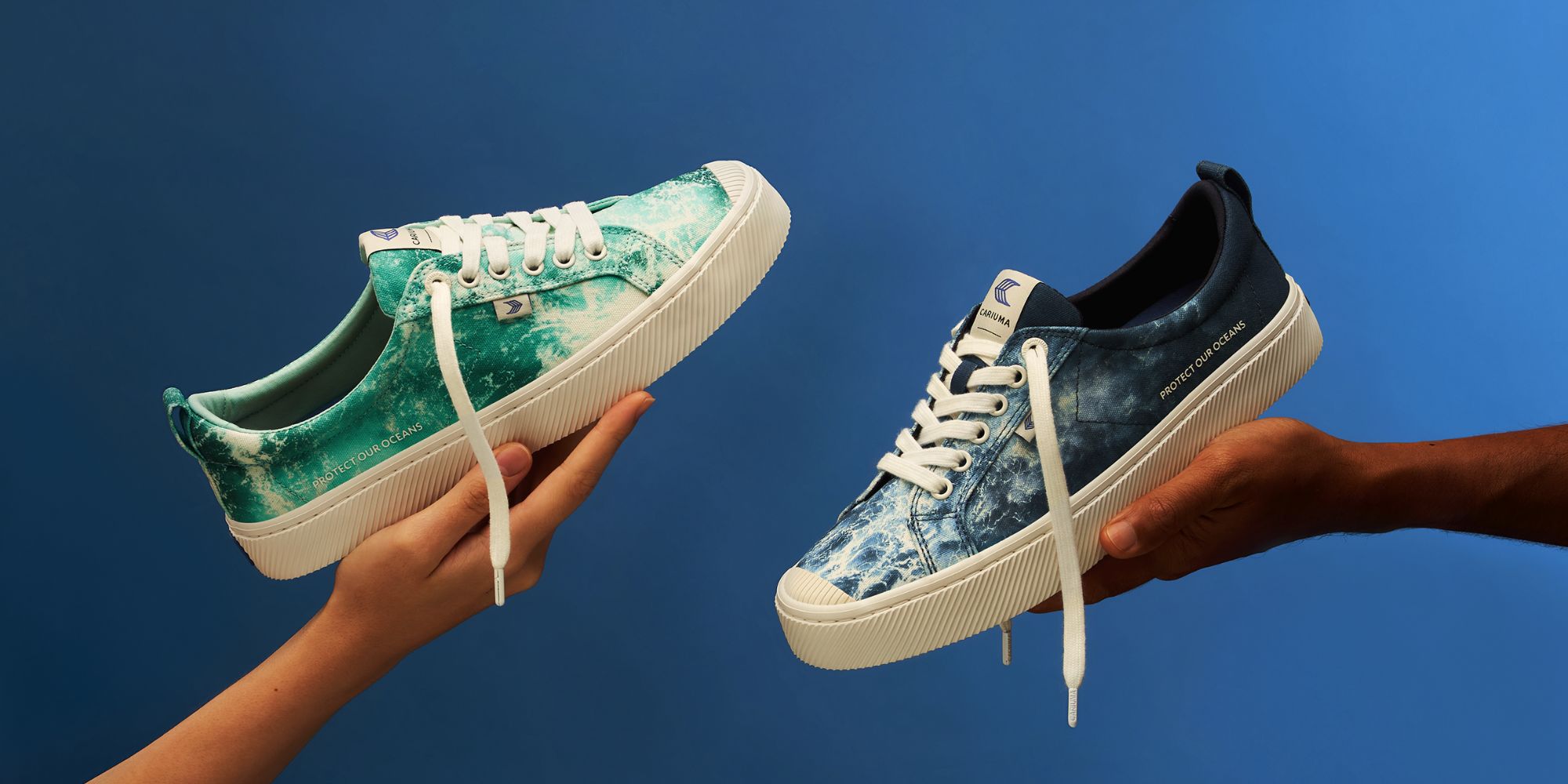Vegan coral-reef saving sneakers in green and blue water prints, responsibly made by Cariuma.
