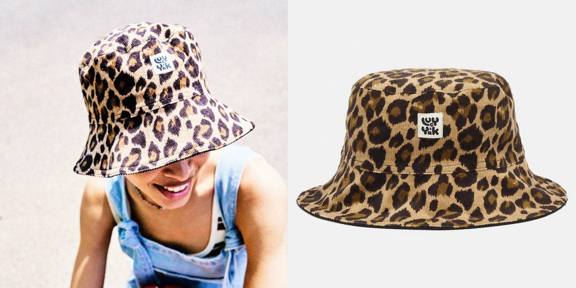 Leopard reversible bucket hat by Lucy and Yak.