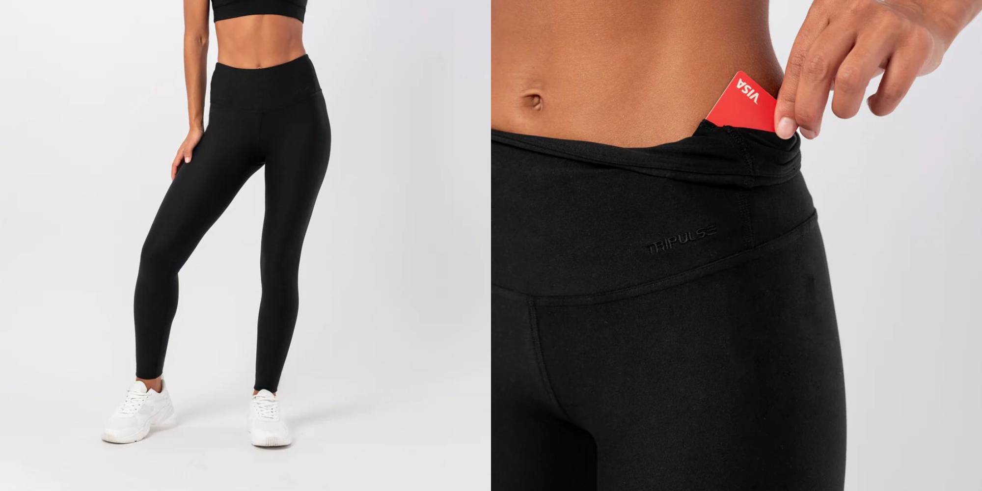 A pair of black running leggings with hidden pockets on the inside.