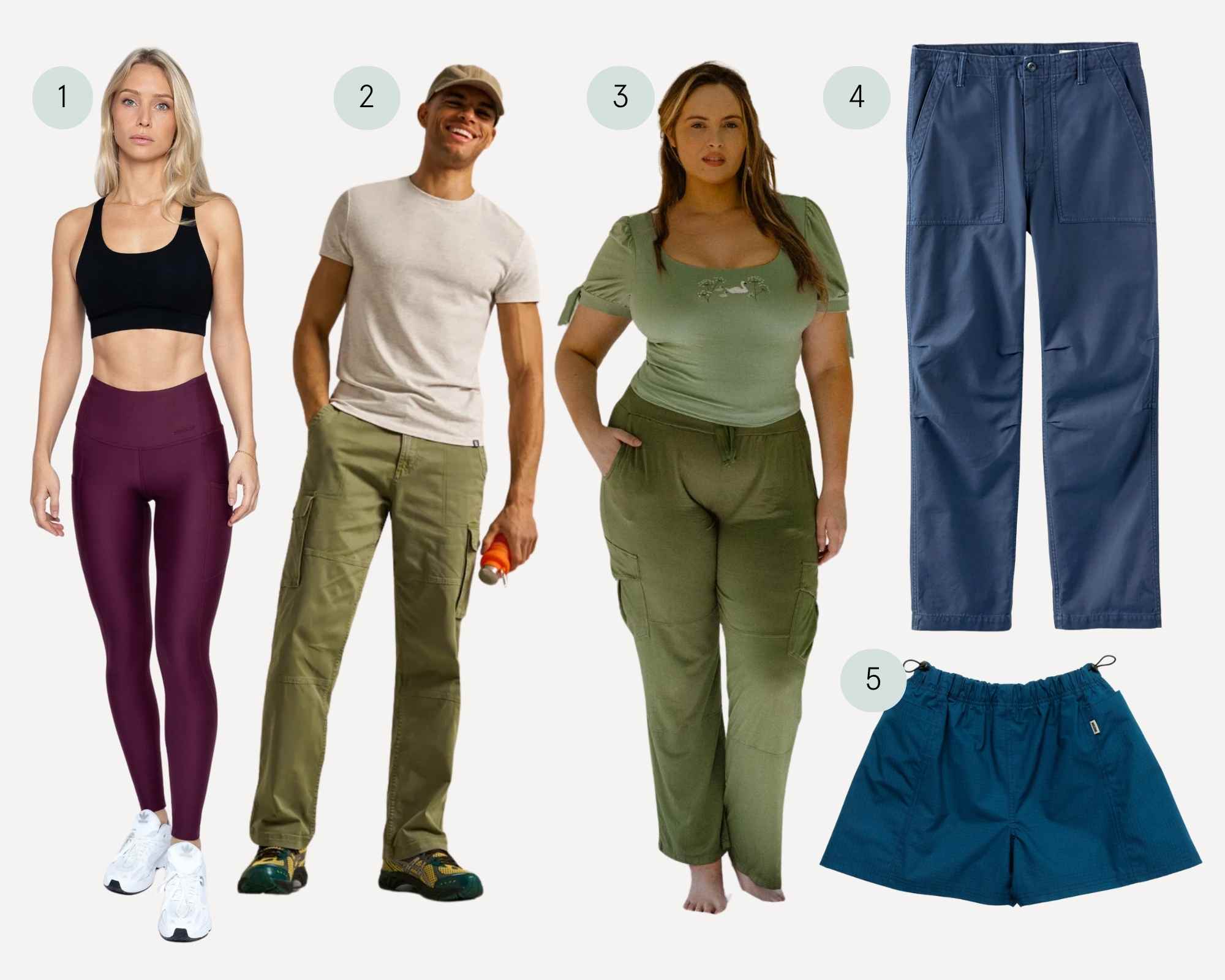collage of more sustainable hiking bottoms