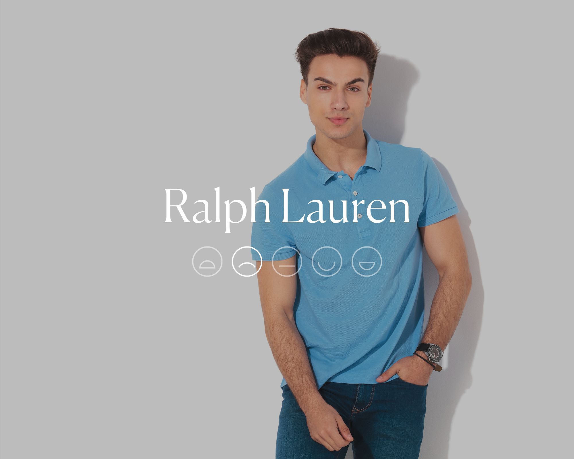 Someone modelling a blue polo shirt with the words Ralph Lauren and a sad smiley face overlaid in white text.