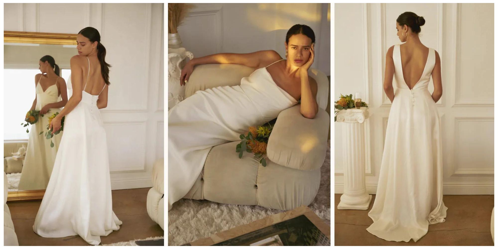 Three shots of elegant silky white wedding gowns from Whimsy + Row's bridal collection.