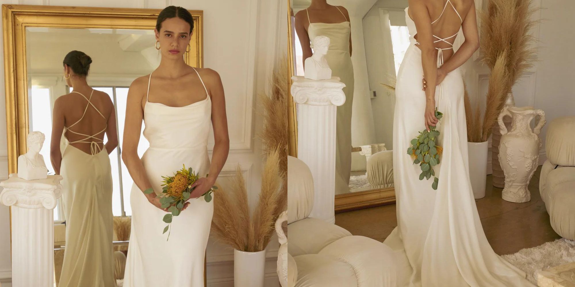 A sexy and simple Whimsy + Row bridal dress with a strappy open back and long train.