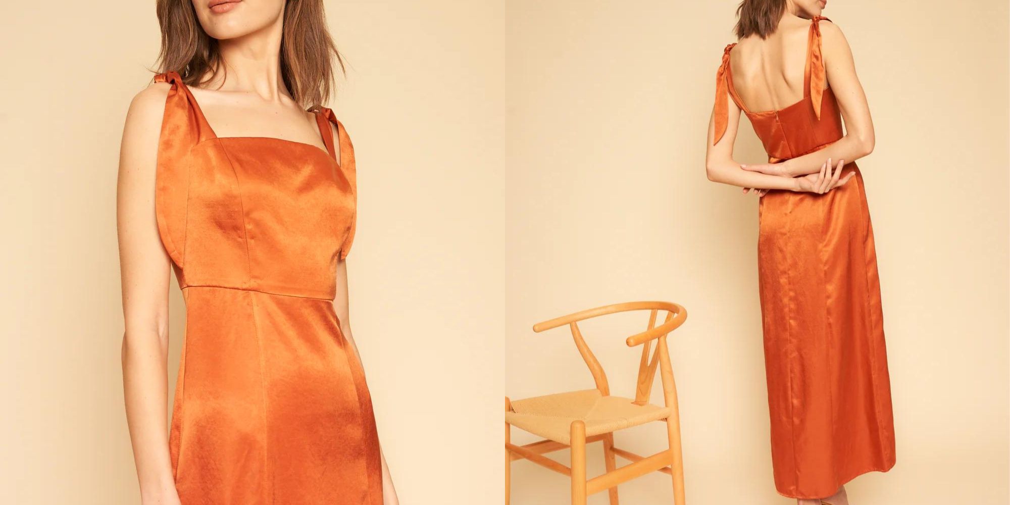 A striking copper wedding guest or bride outfit with adjustable straps and a bra-friendly design by Whimsy + Row.