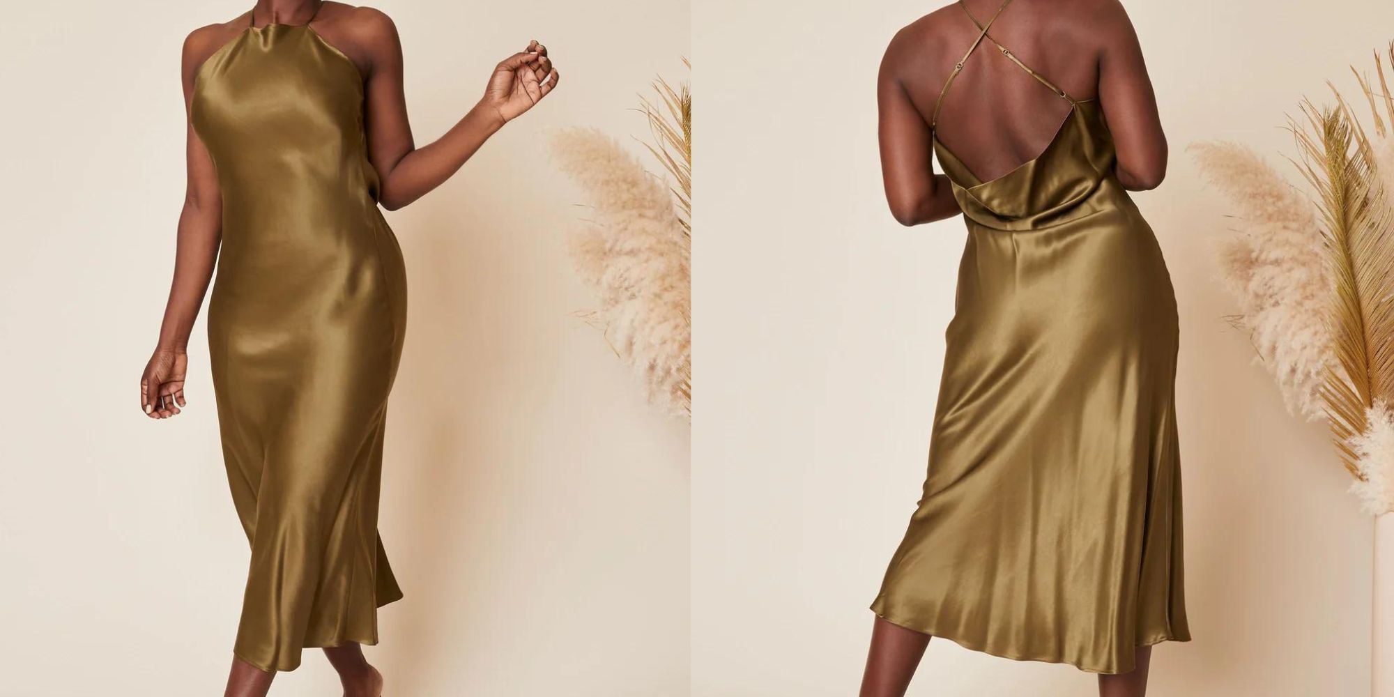 A hunter green vegan silk strappy dress for wedding guests or brides made by Whimsy + Row.