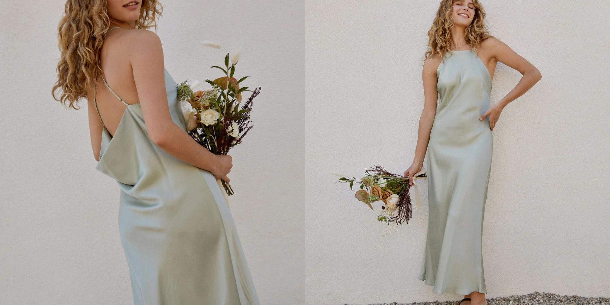 A light green vegan silky bridesmaid dress by Whimsy + Row.