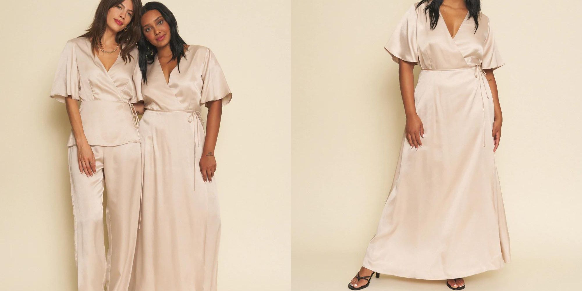Champagne coloured dress and two piece wedding outfit sets responsibly made by Whimsy + Row.