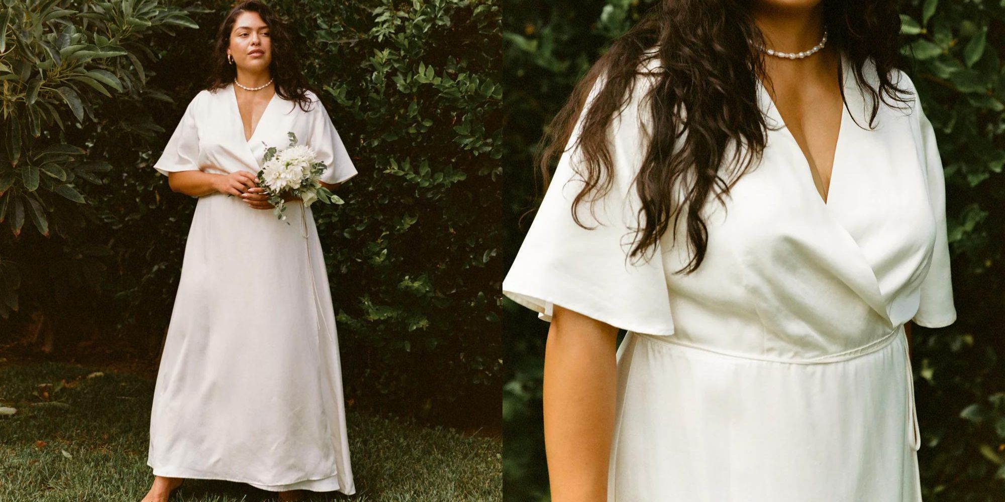 An extended sizing white vegan silky bridal gown with a V neckline front and back responsibly designed by Whimsy + Row.