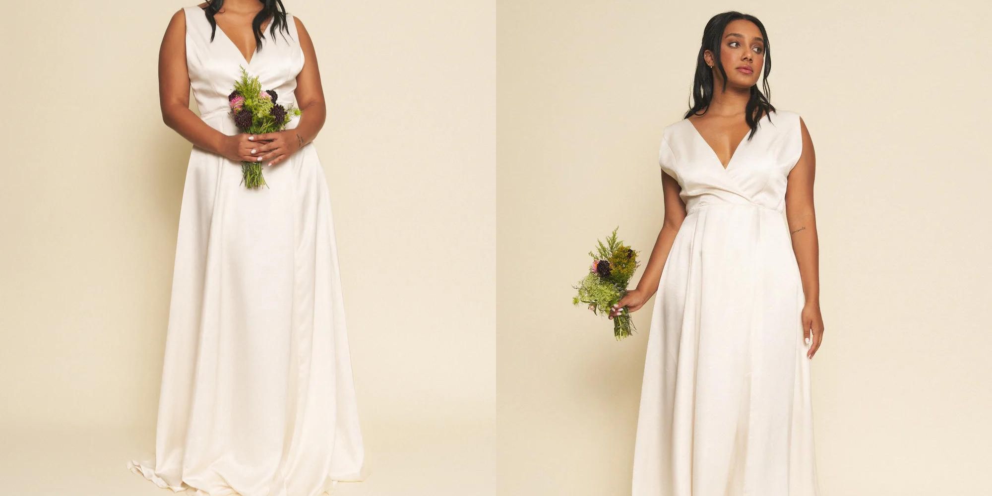 A white vegan silky bridal gown with a V neckline front and back responsibly designed by Whimsy + Row.