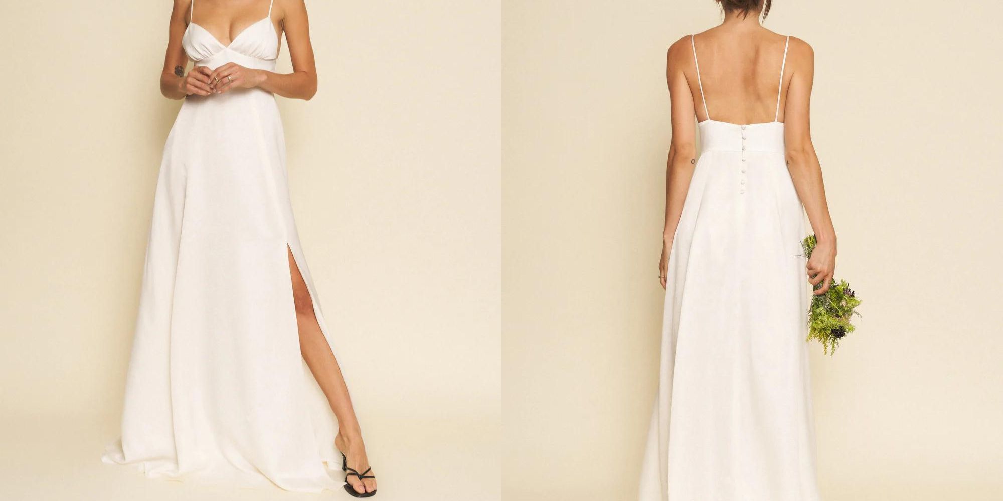 A sweet white bridal gown by Whimsy + Row with a leg slit up one side.