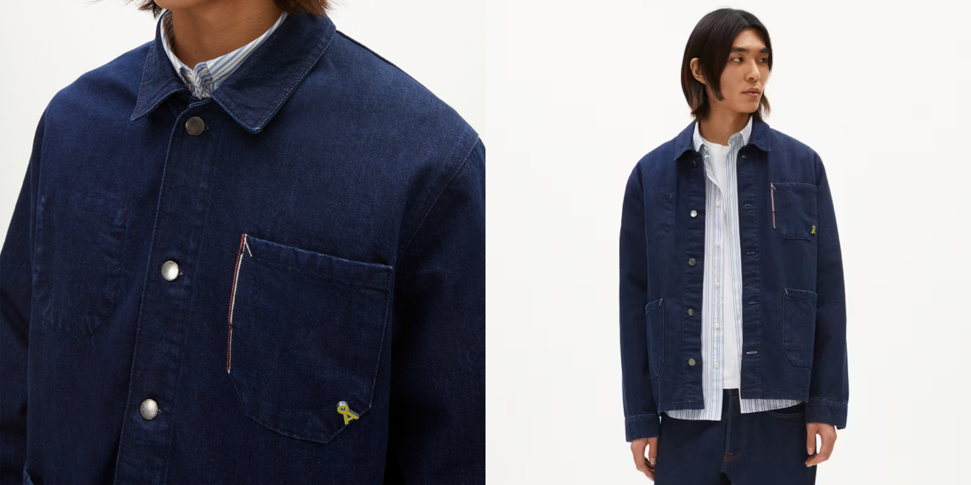 Someone wearing a selvedge style denim jacket by Armedangels.