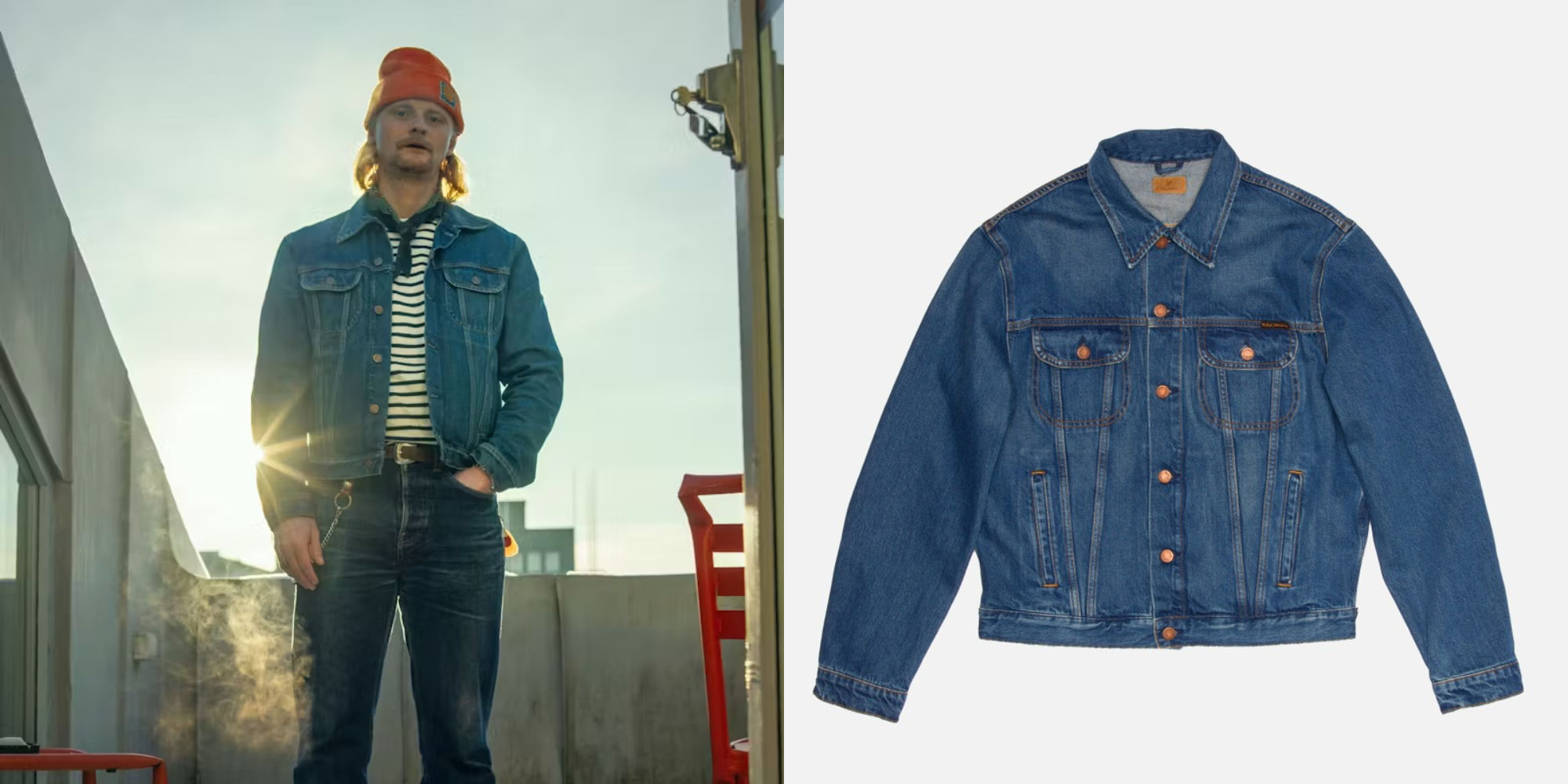 Someone wearing a vintage wash denim jacket by Nudie.