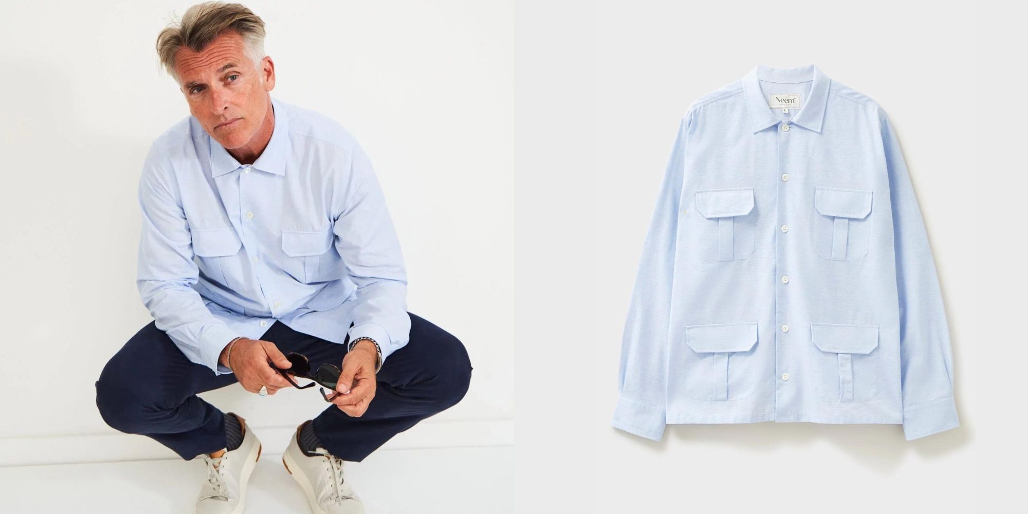 A light blue regenerative and organic cotton menswear overshirt designed with care by Neem.