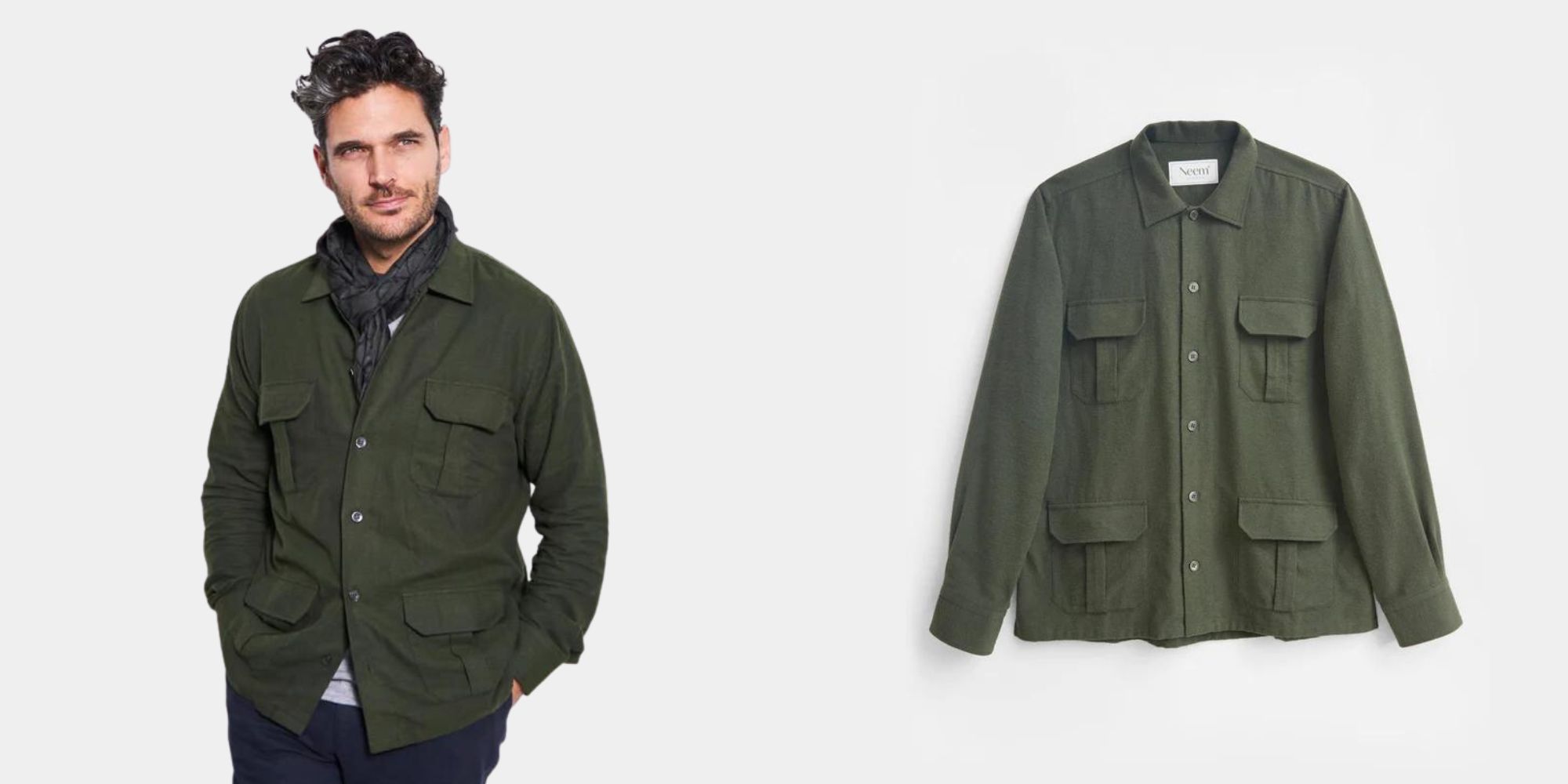 A green regenerative and organic cotton menswear overshirt designed with care by Neem.