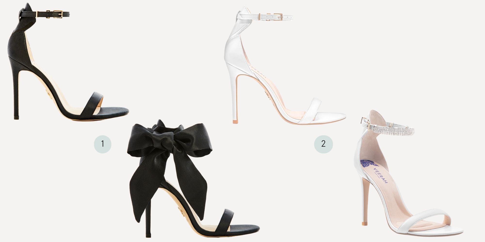 Two pairs of VEERAH's Venus Stilettos, one in black featuring a silky bow, and one in white featuring a sparkly ankle strap.