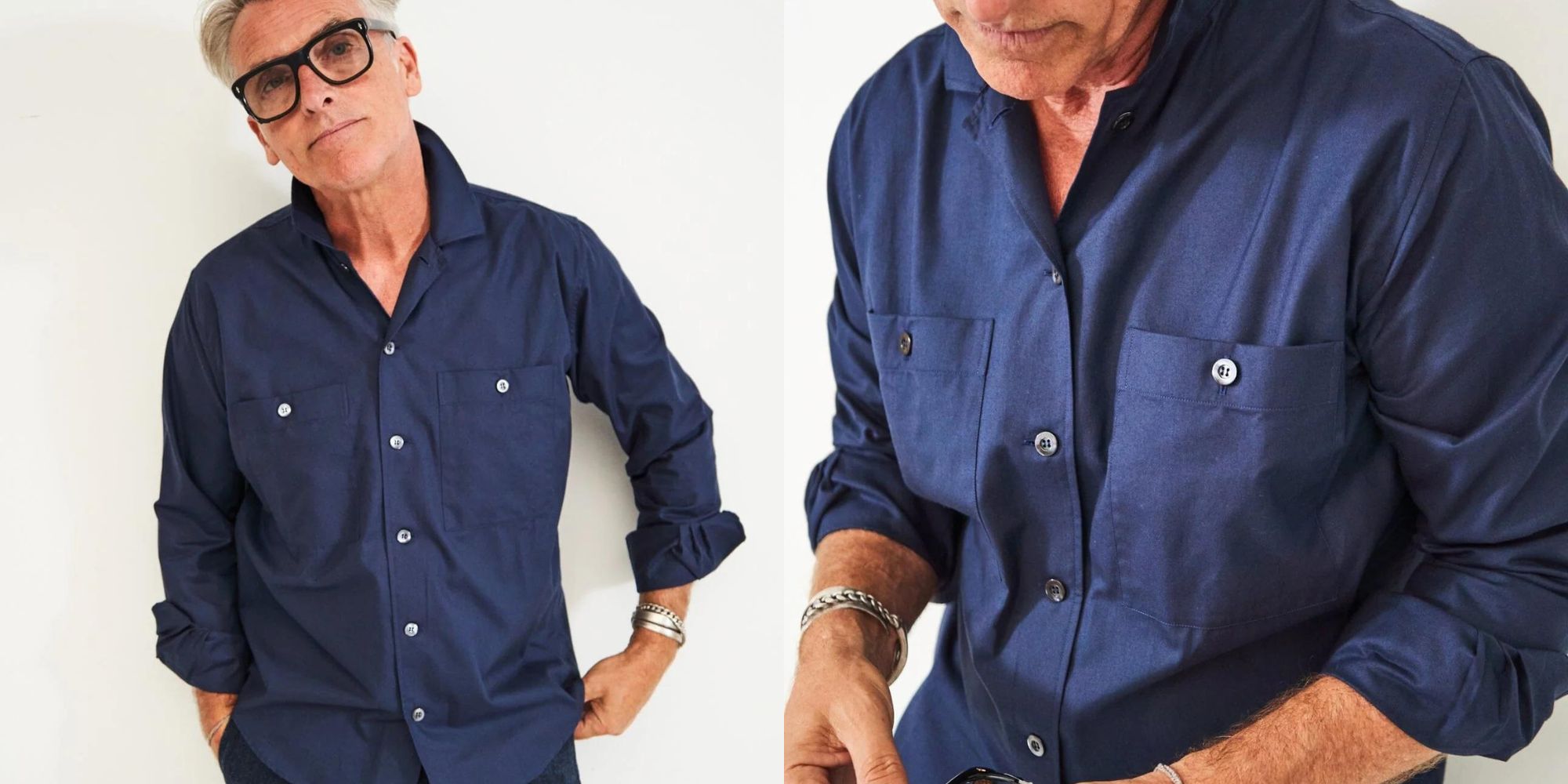 A navy double pocket menswear shirt made from regenerative cotton by Neem.