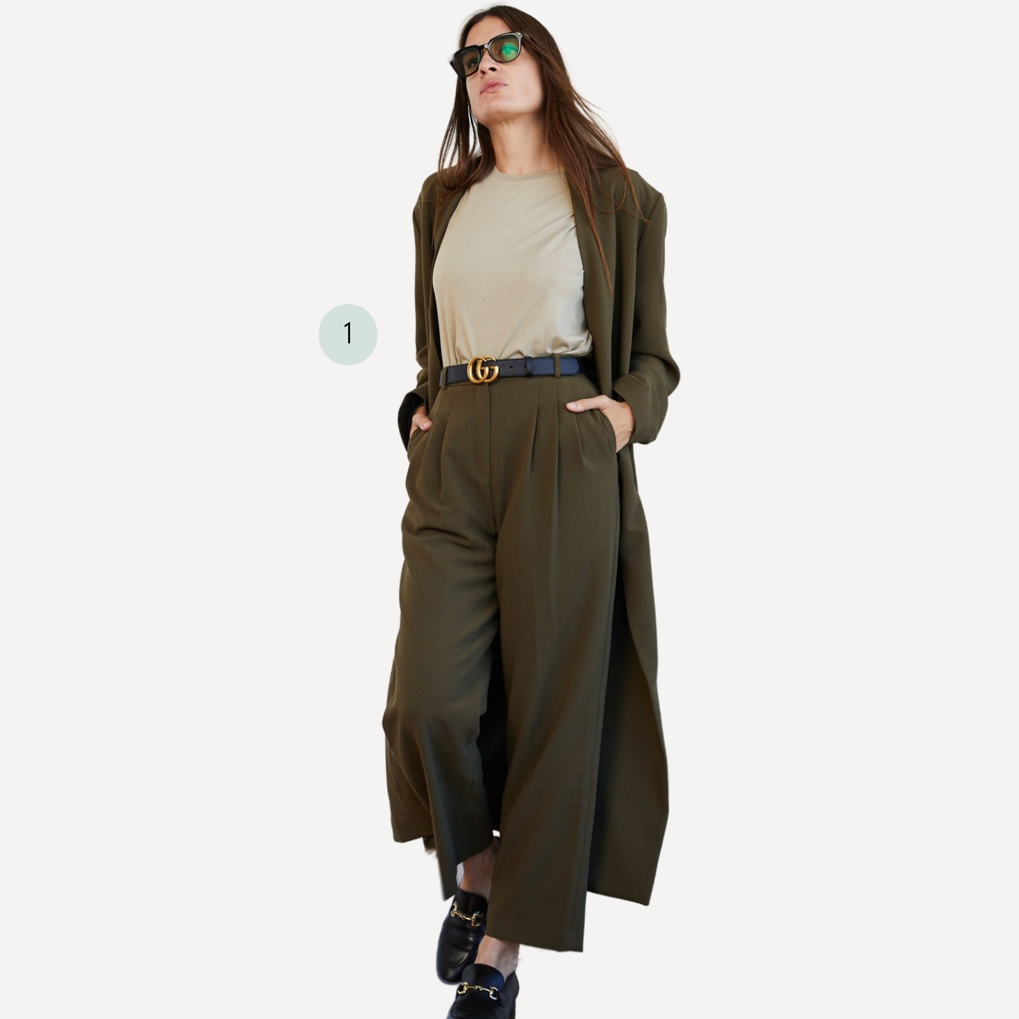 A monochrome look pairing an organic cotton sand crew neck tee by The Classic T-Shirt company with neutral jacket and wide leg pants.