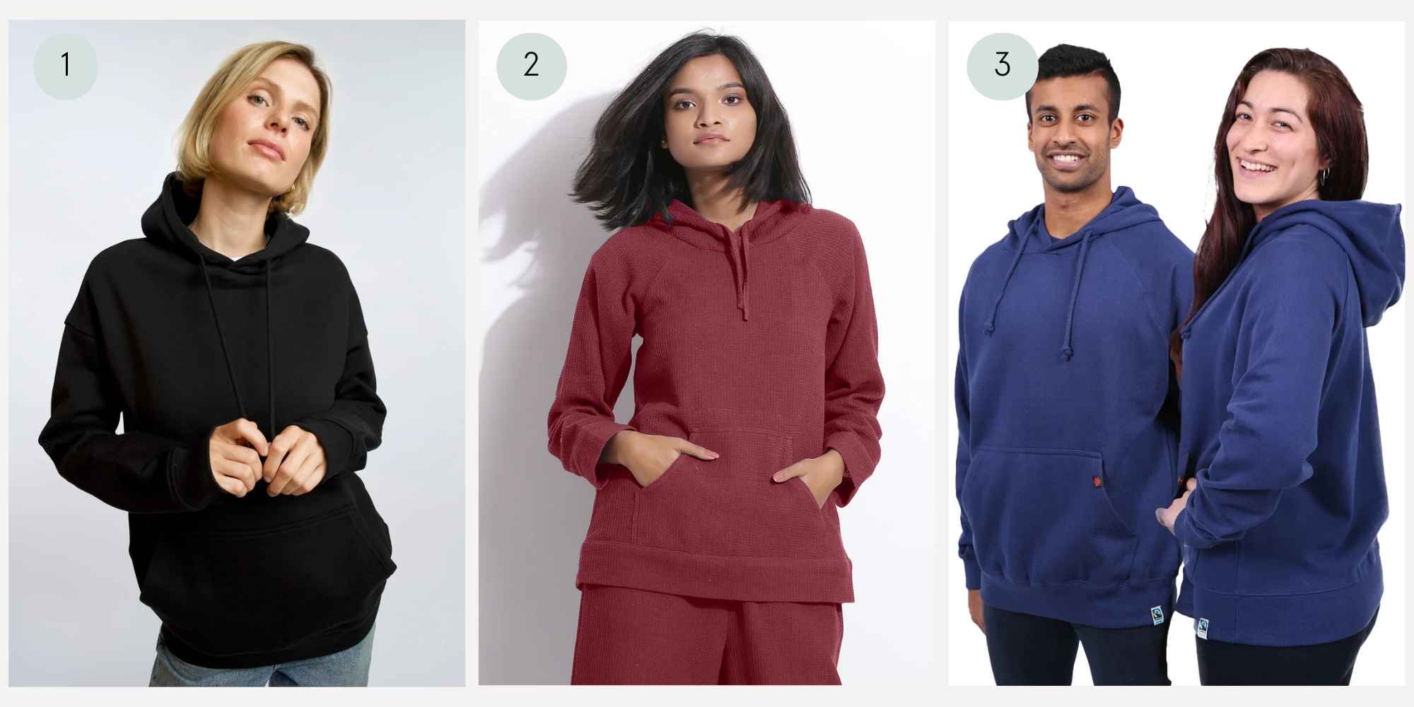 Collage of more sustainable hoodies under $50