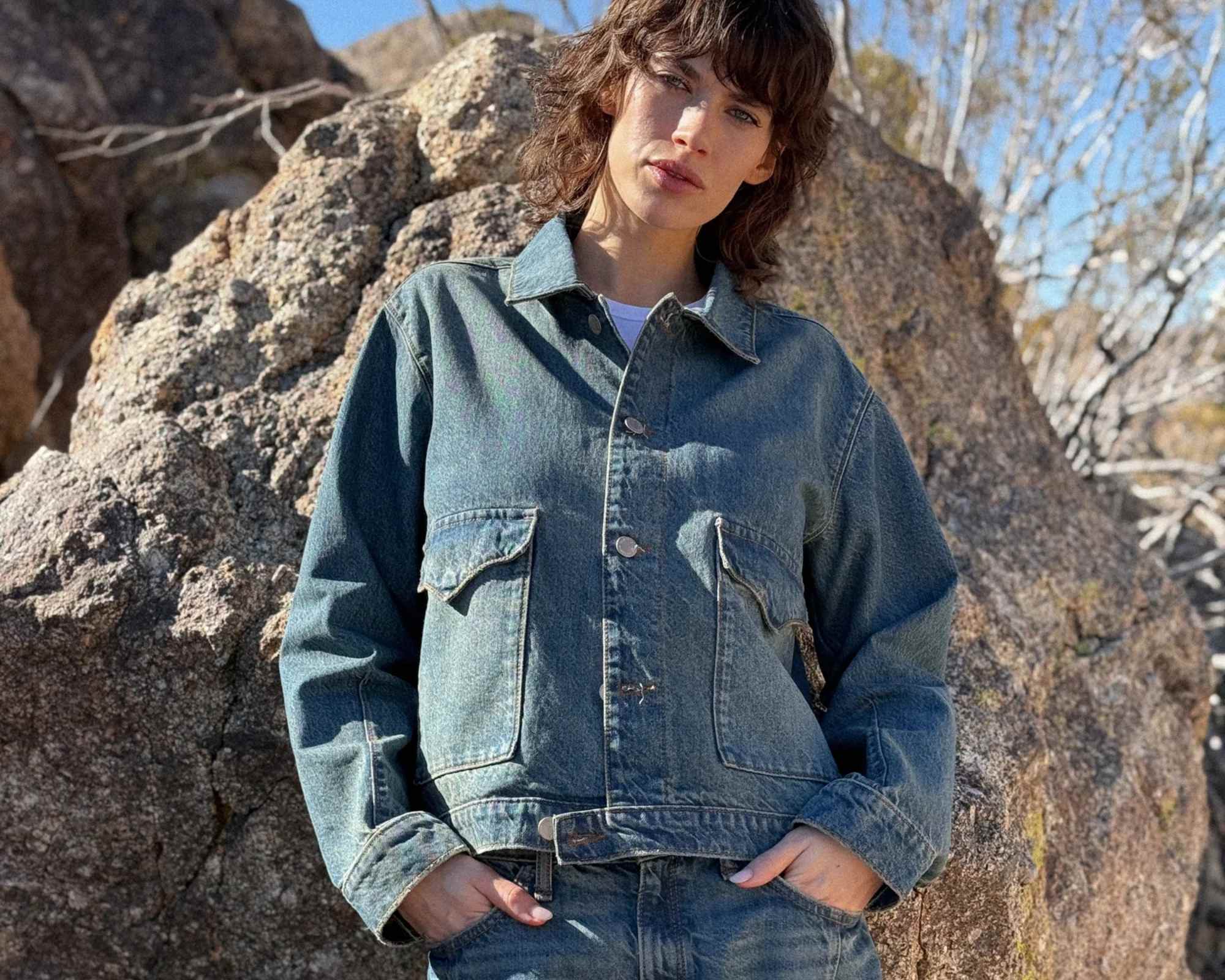 person wearing denim outfit from more sustainable denim brand triarchy