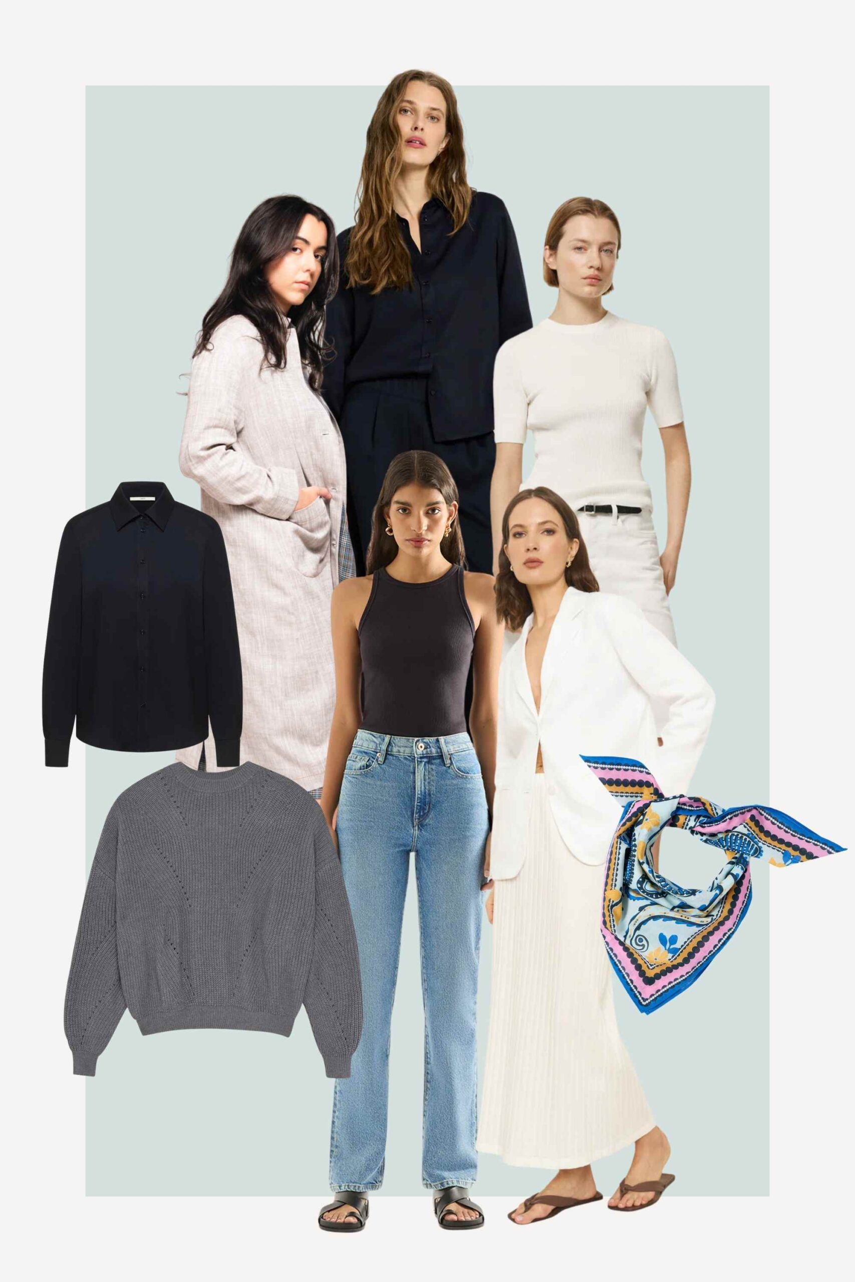 collage of more sustainable work clothes and accessories selected by sandra capponi